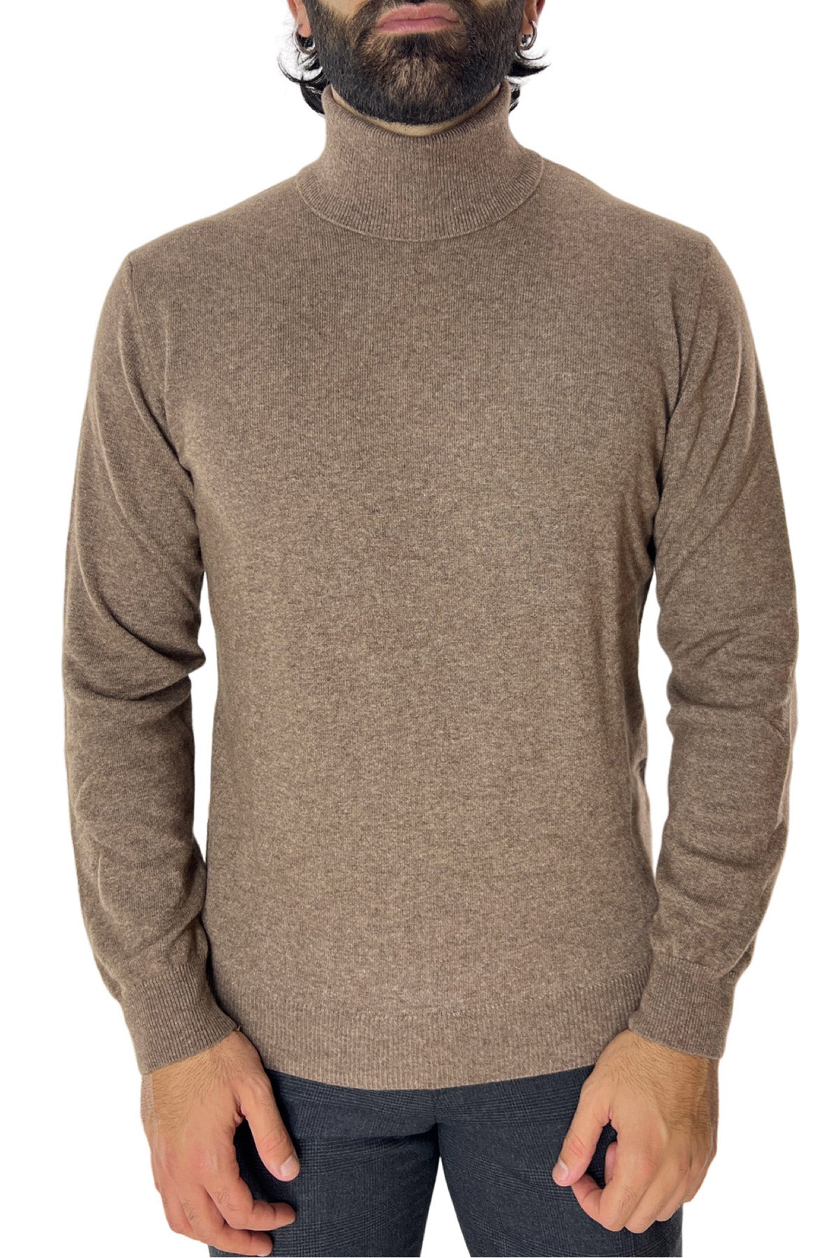 Maglione uomo Collo Alto fango in misto cashmere slim fit made in italy