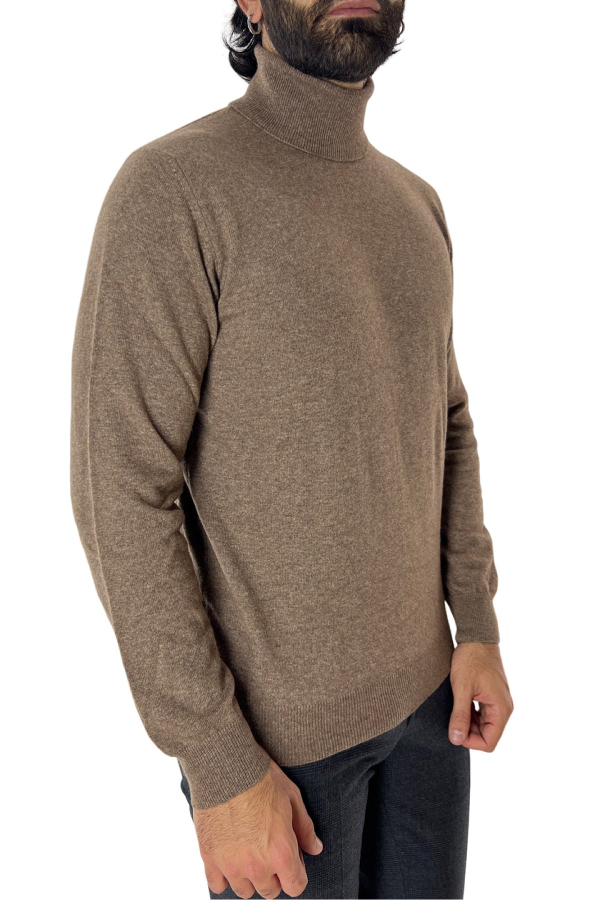 Maglione uomo Collo Alto fango in misto cashmere slim fit made in italy