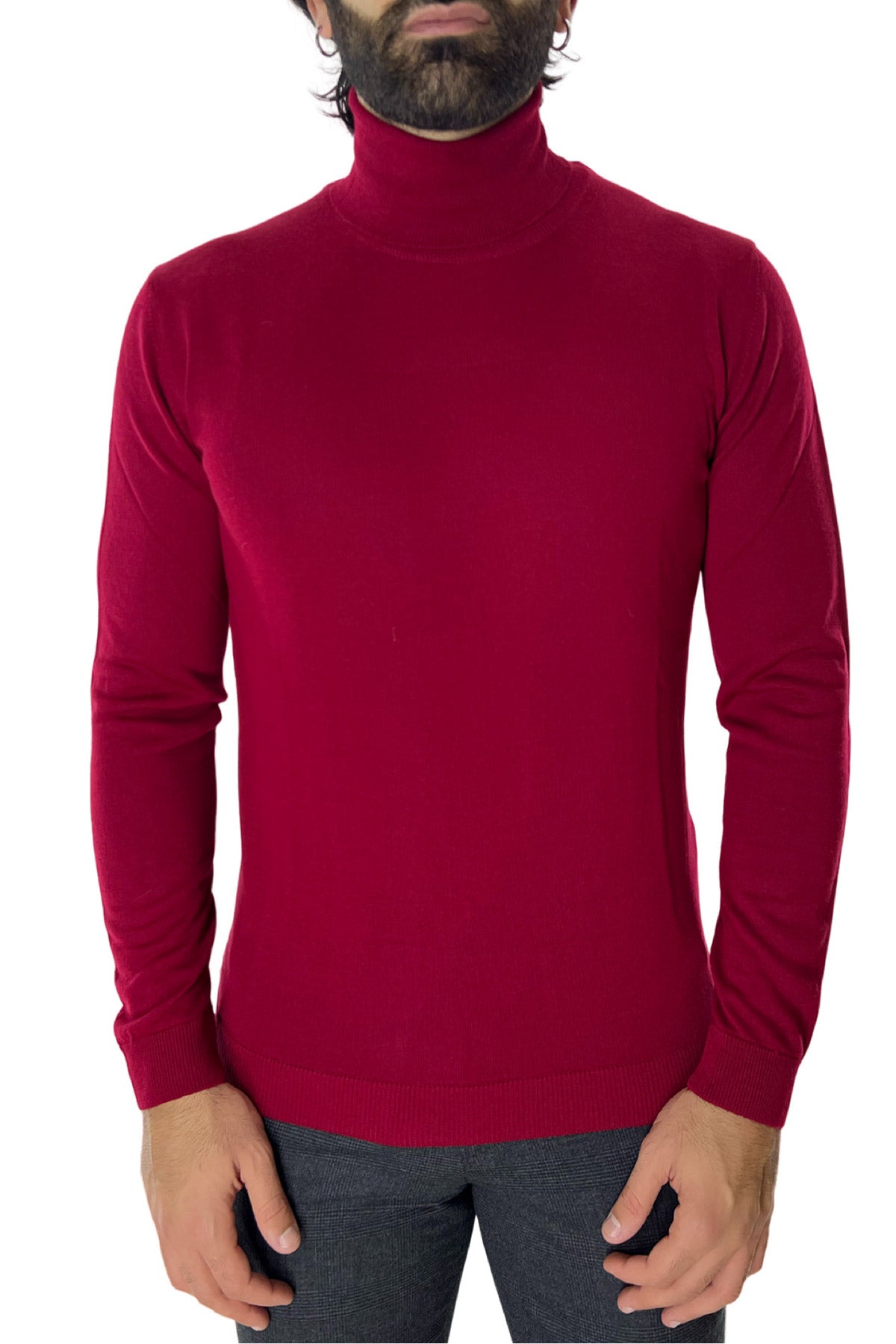 Maglione collo alto uomo rosso in lana merinos slim fit made in italy tinta unita