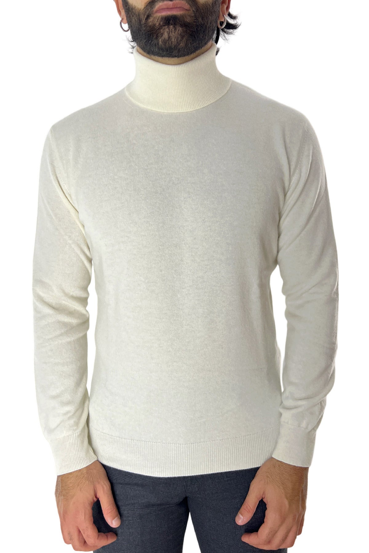 Maglione uomo Collo Alto panna in misto cashmere slim fit made in italy