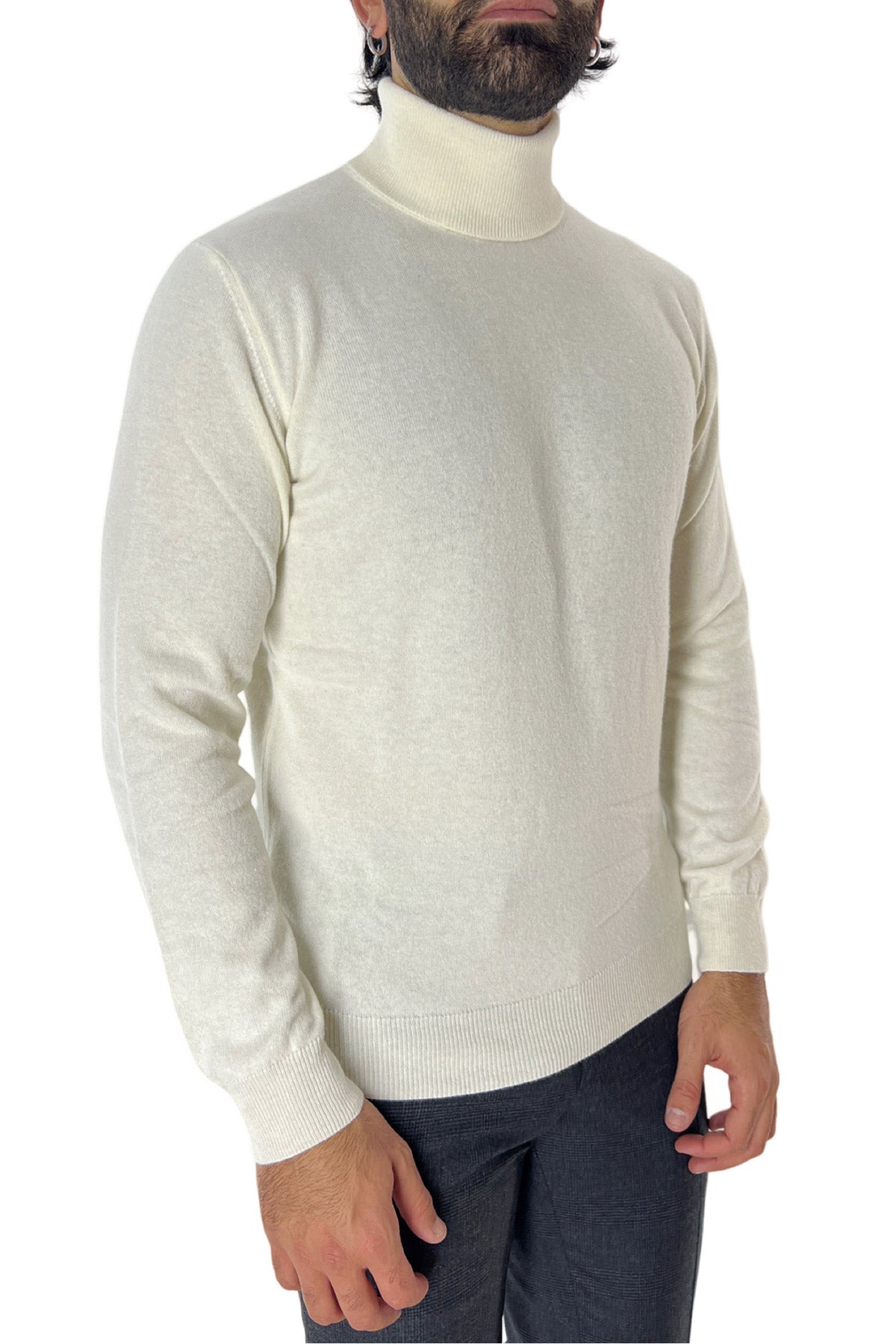 Maglione uomo Collo Alto panna in misto cashmere slim fit made in italy