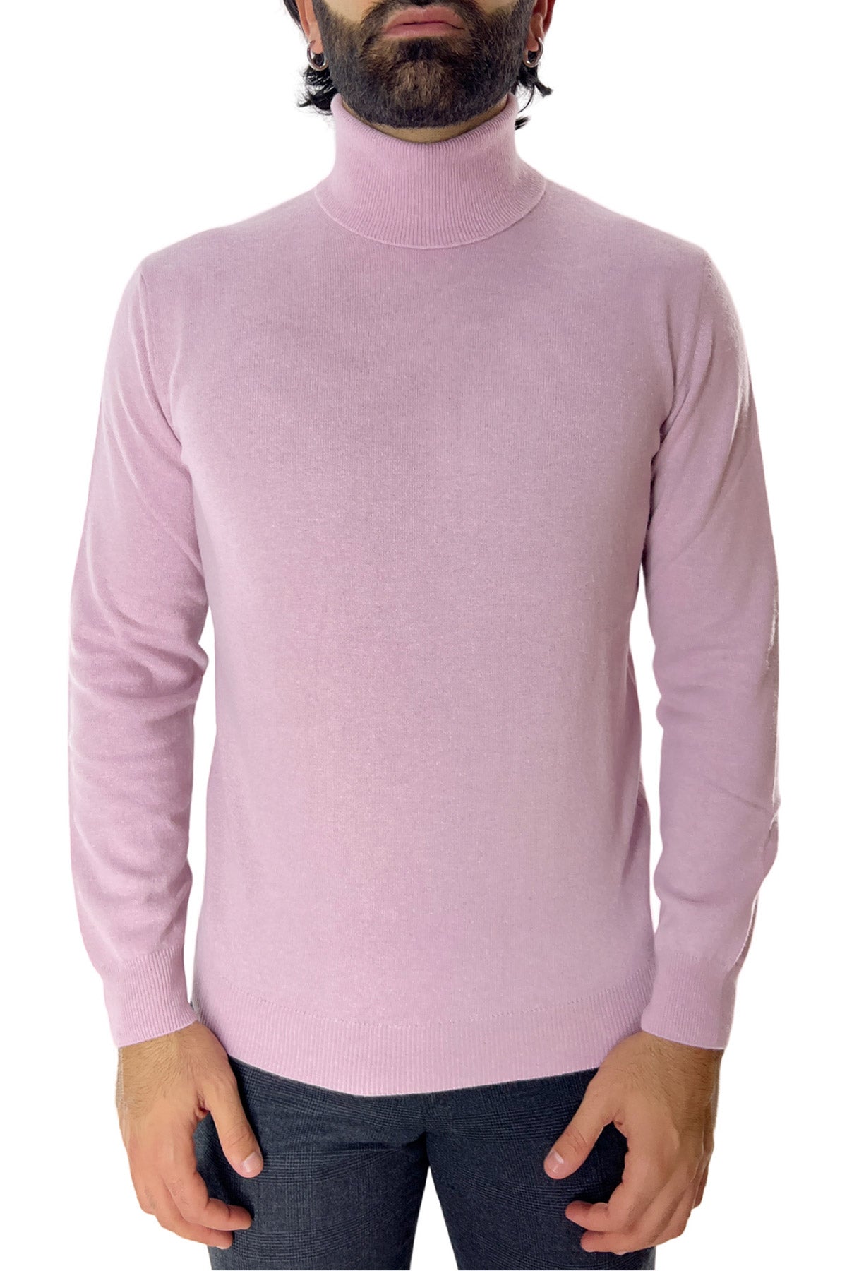 Maglione uomo Collo Alto rosa in misto cashmere slim fit made in italy