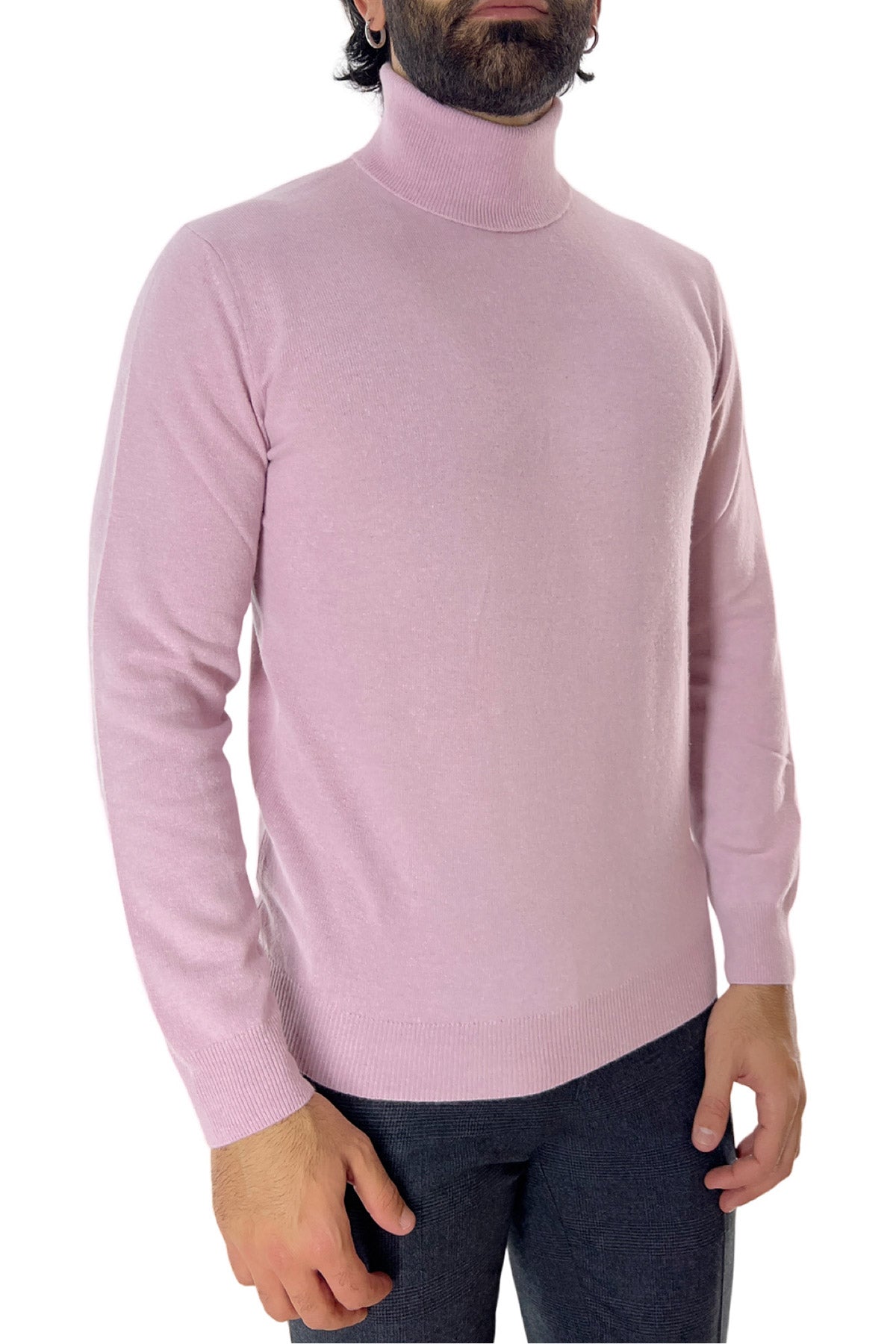 Maglione uomo Collo Alto rosa in misto cashmere slim fit made in italy