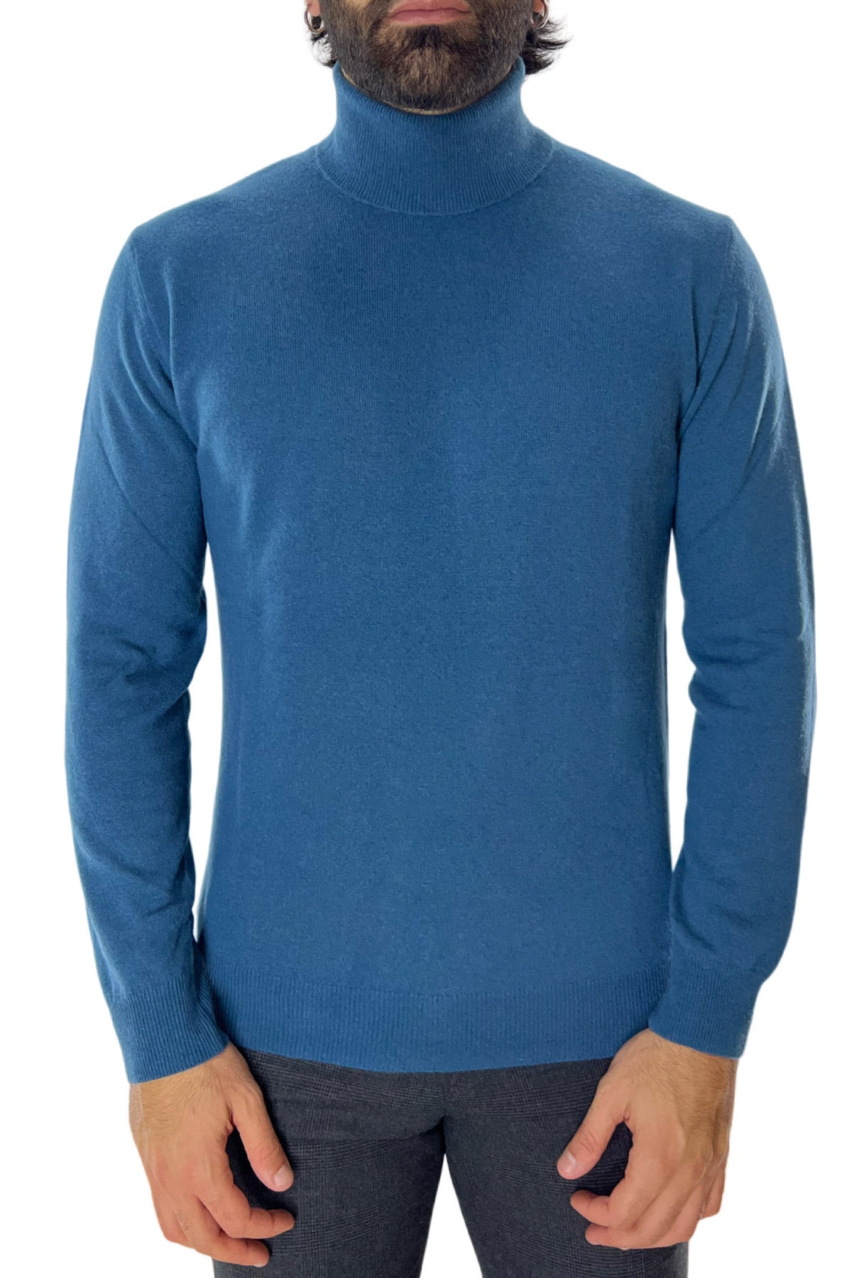 Maglione uomo Collo Alto petrolio in misto cashmere slim fit made in italy