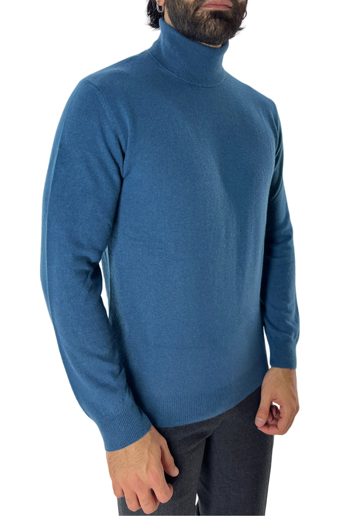 Maglione uomo Collo Alto petrolio in misto cashmere slim fit made in italy