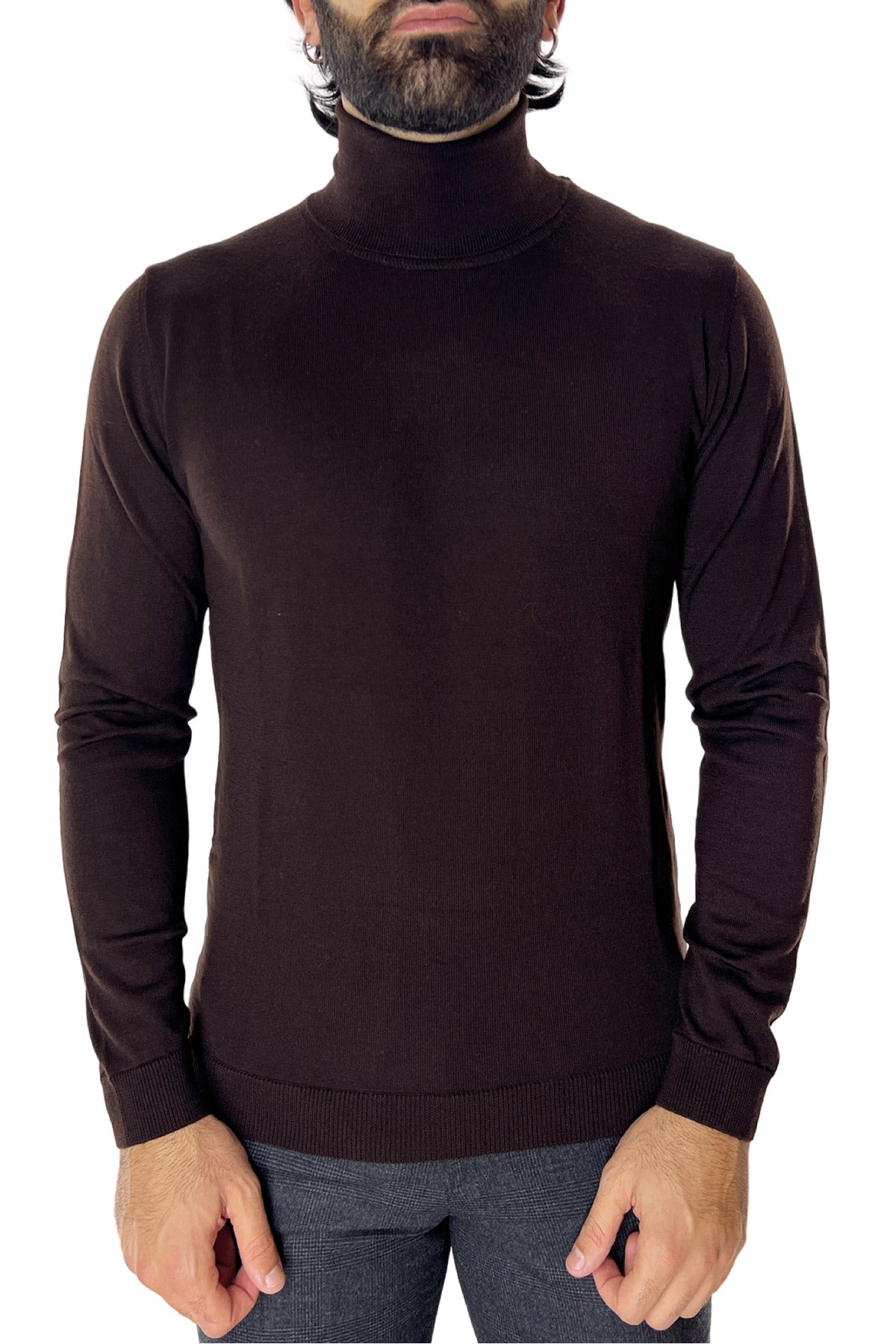 Maglione collo alto uomo moro in lana merinos slim fit made in italy tinta unita