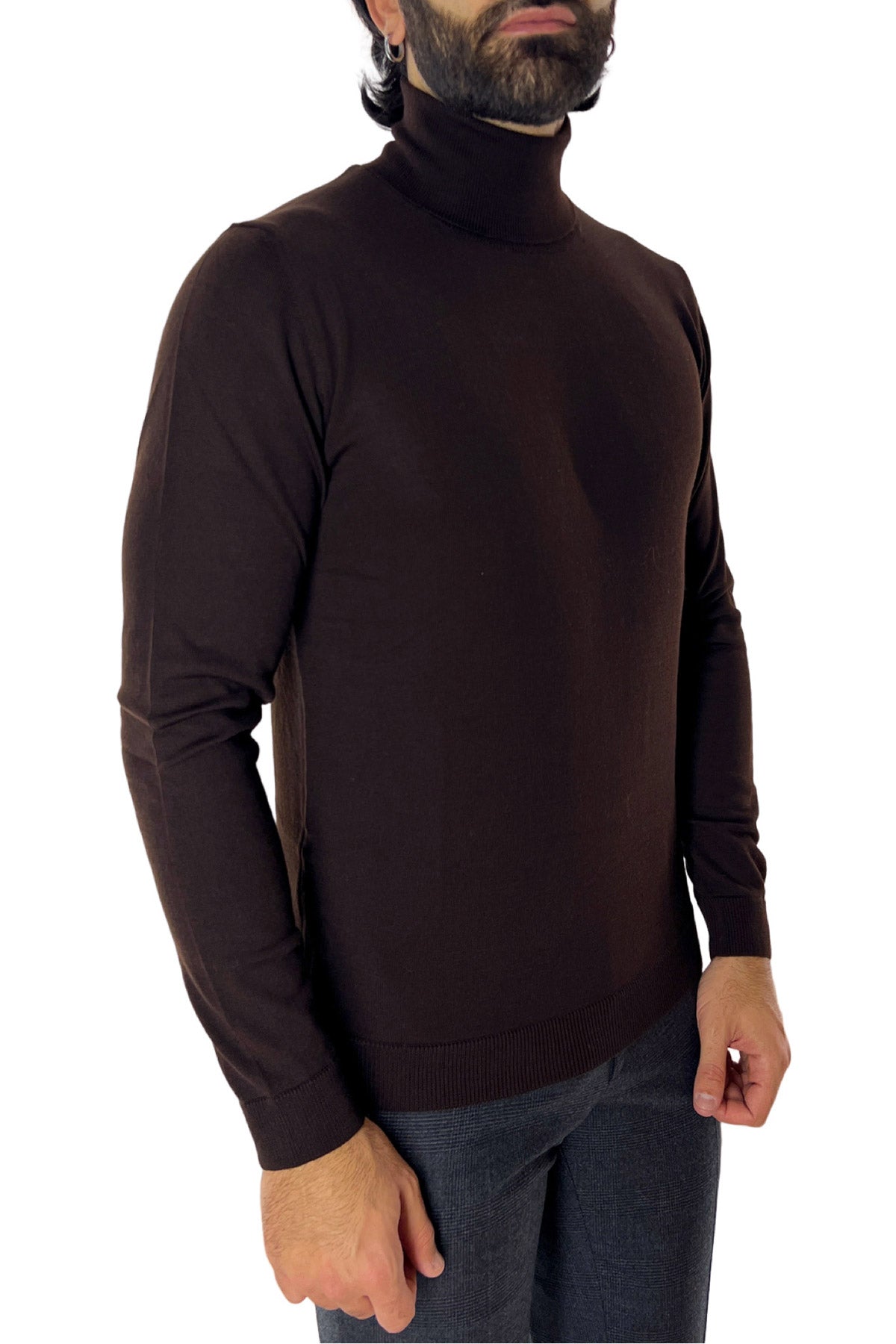 Maglione collo alto uomo moro in lana merinos slim fit made in italy tinta unita