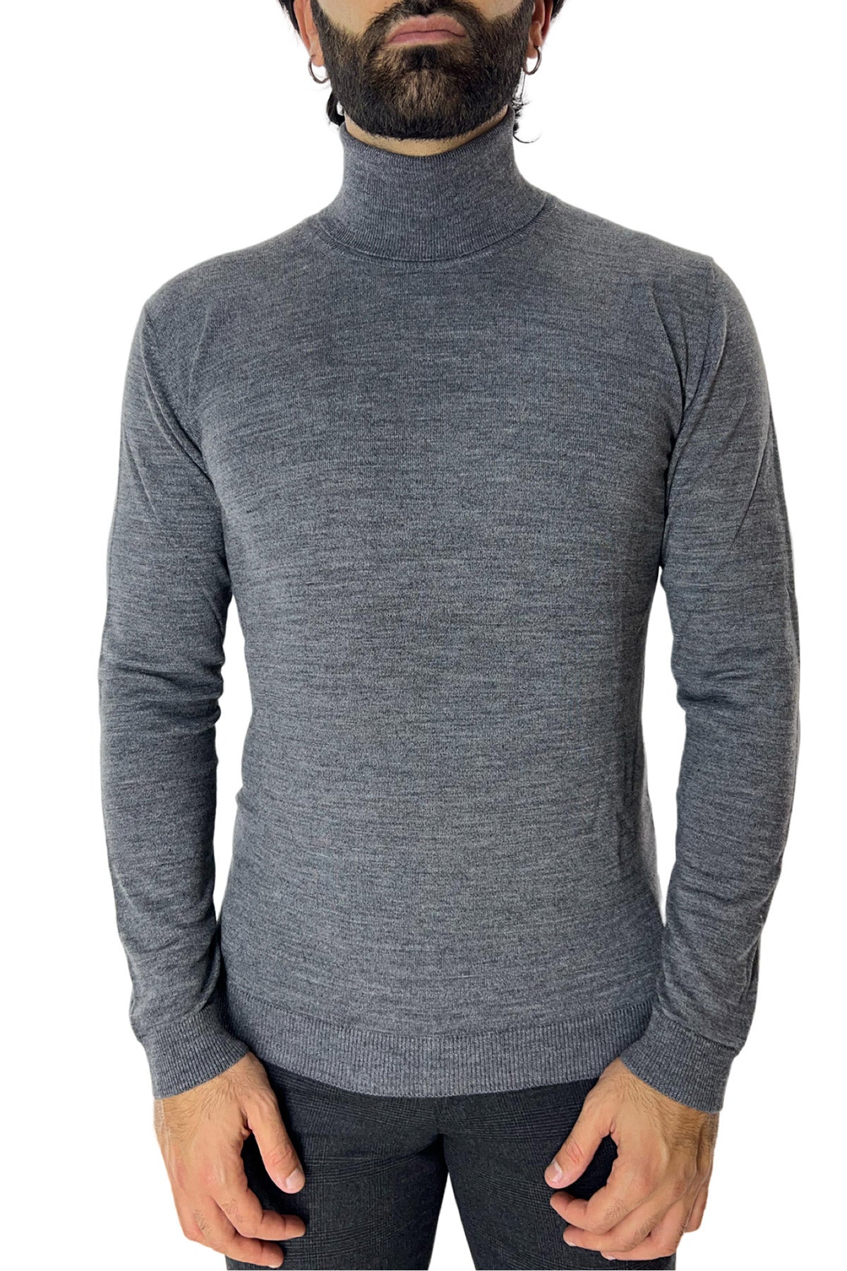 Maglione collo alto uomo grigio medio in lana merinos slim fit made in italy tinta unita