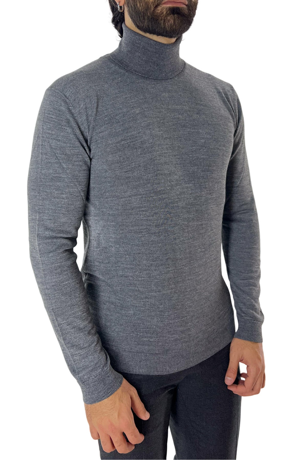 Maglione collo alto uomo grigio medio in lana merinos slim fit made in italy tinta unita