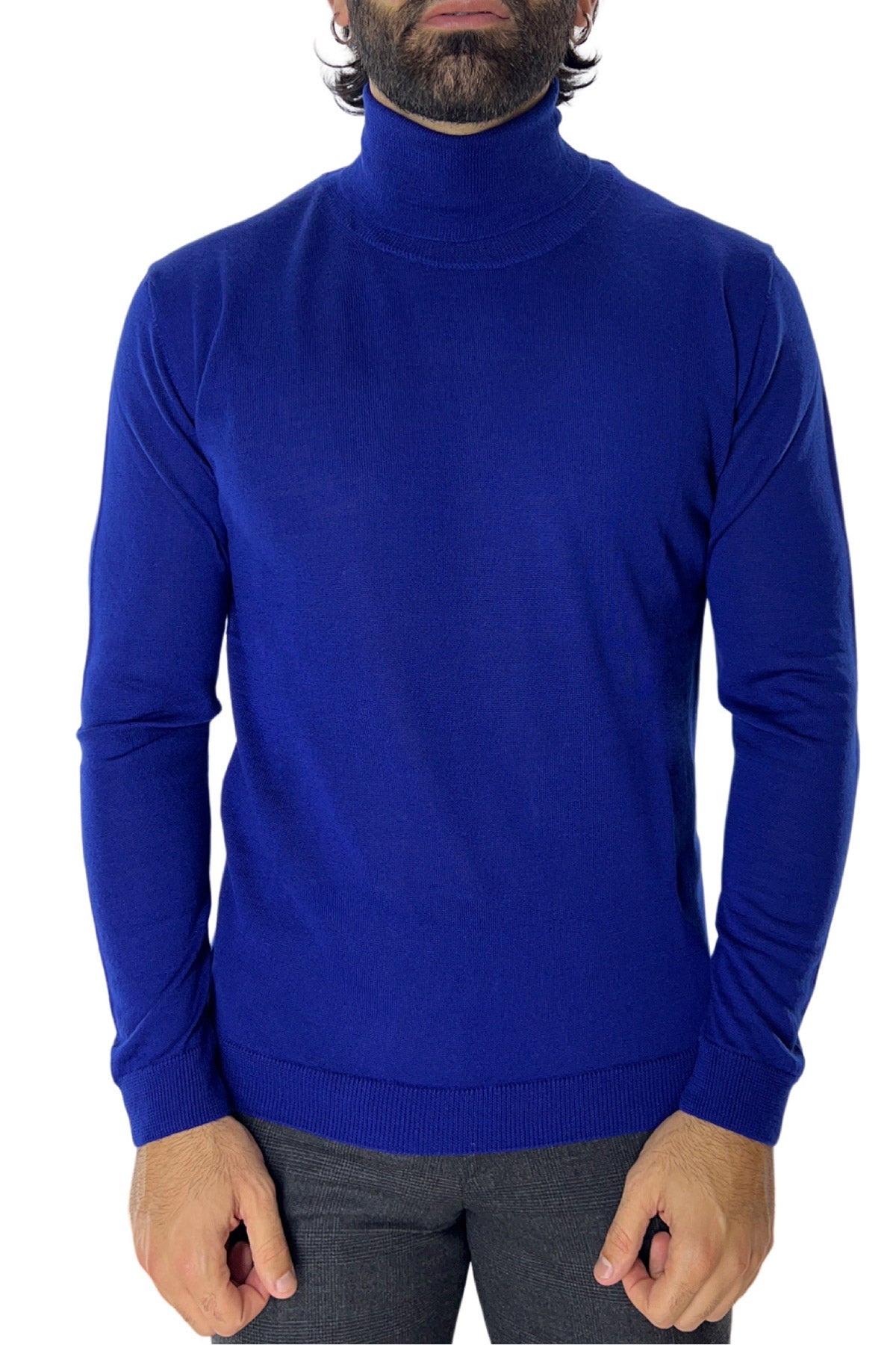 Maglione collo alto uomo royal blu in lana merinos slim fit made in italy tinta unita