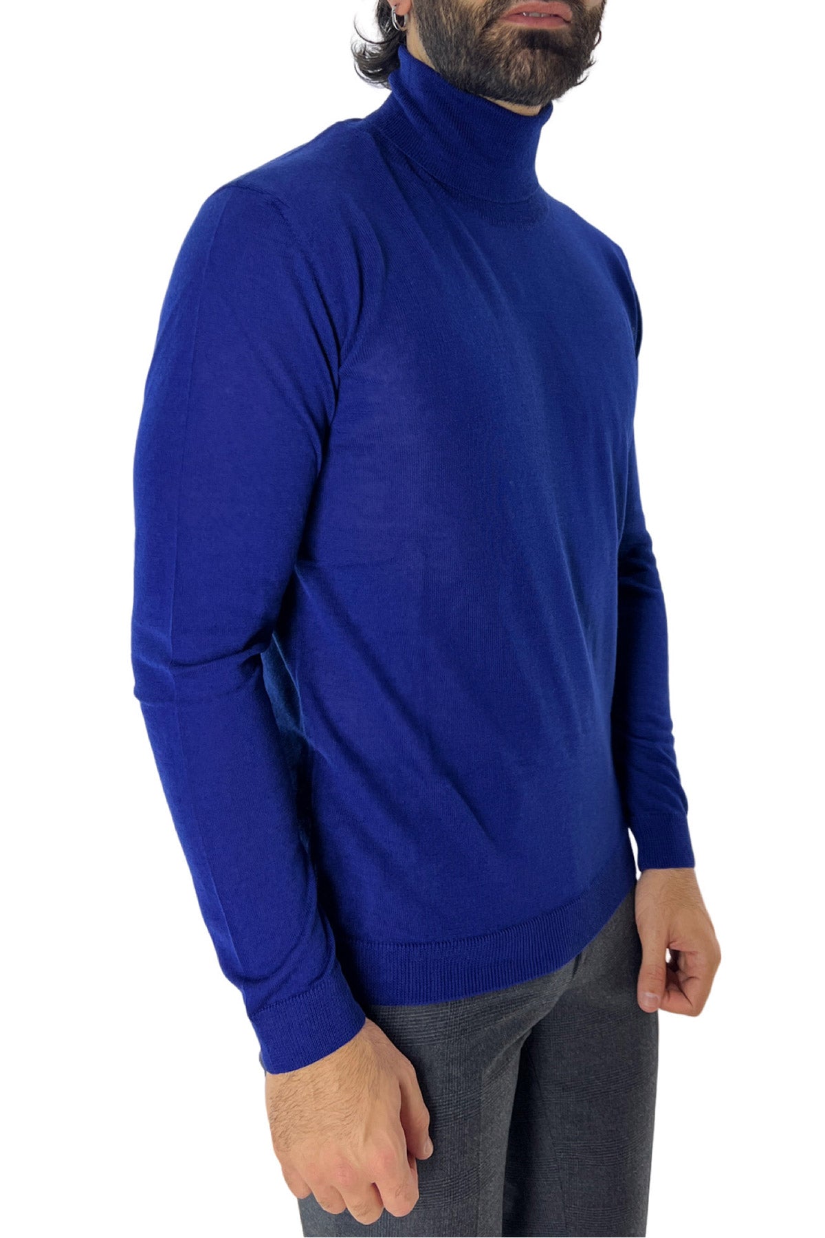 Maglione collo alto uomo royal blu in lana merinos slim fit made in italy tinta unita