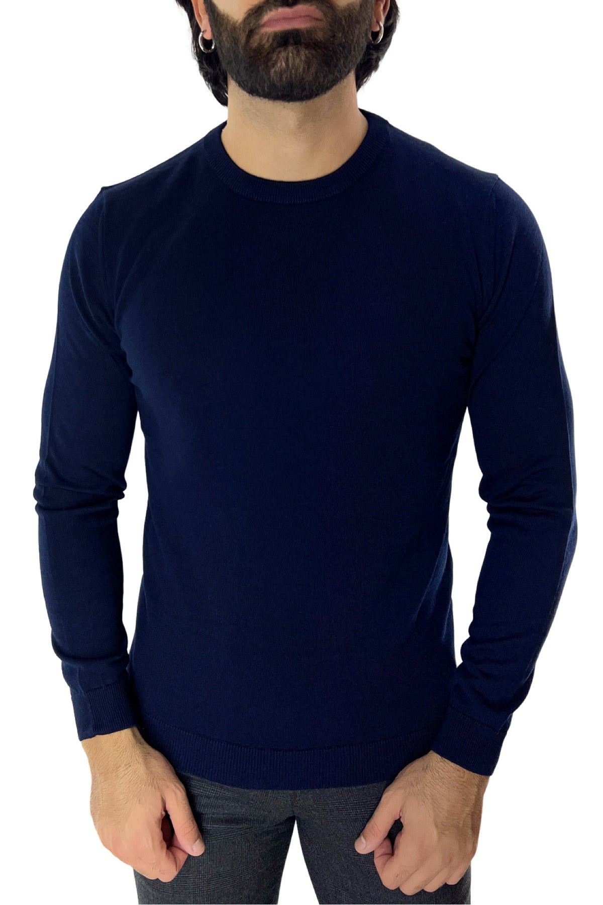 Maglioncino da uomo girocollo blu in lana merinos slim fit made in italy tinta unita