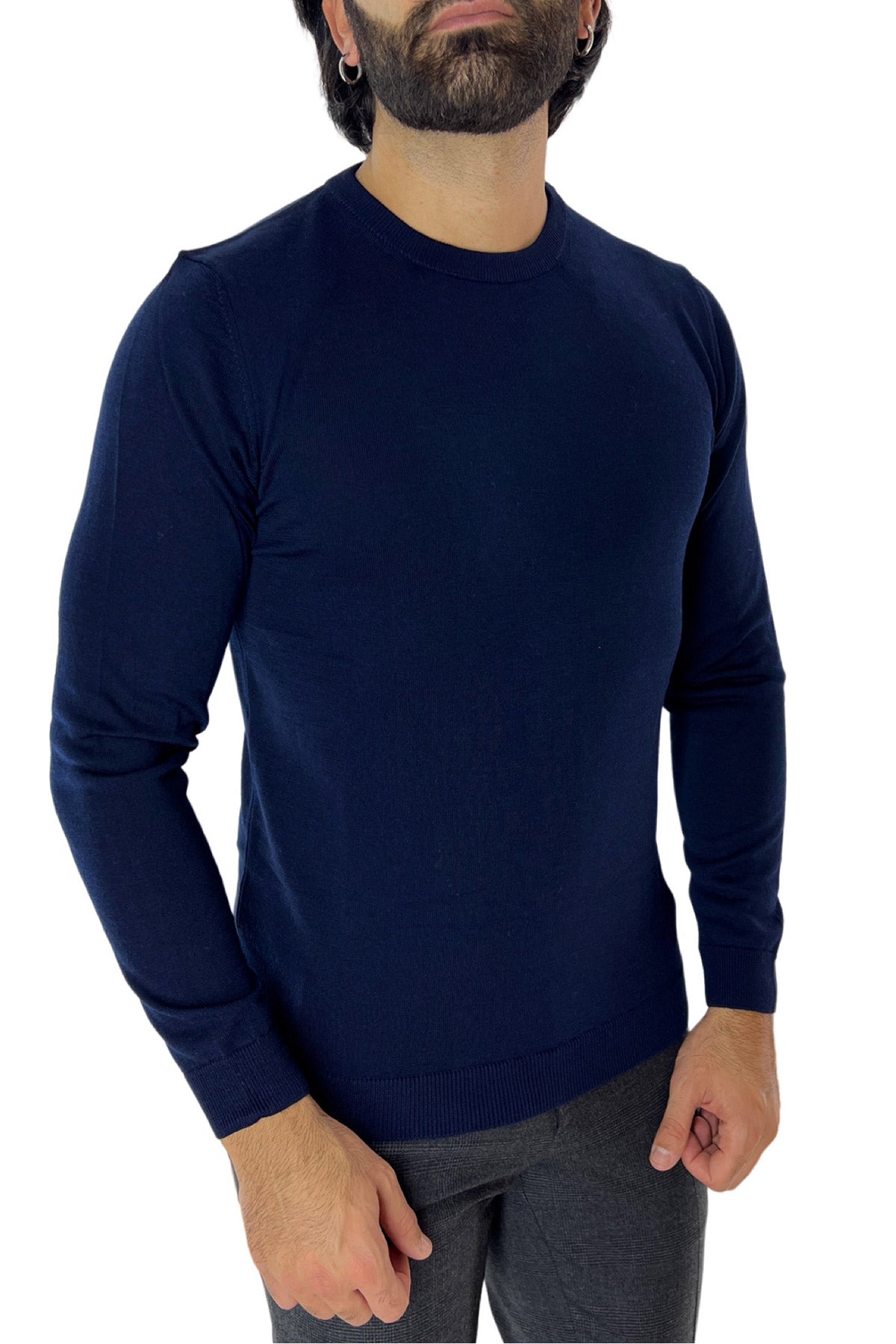 Maglioncino da uomo girocollo blu in lana merinos slim fit made in italy tinta unita