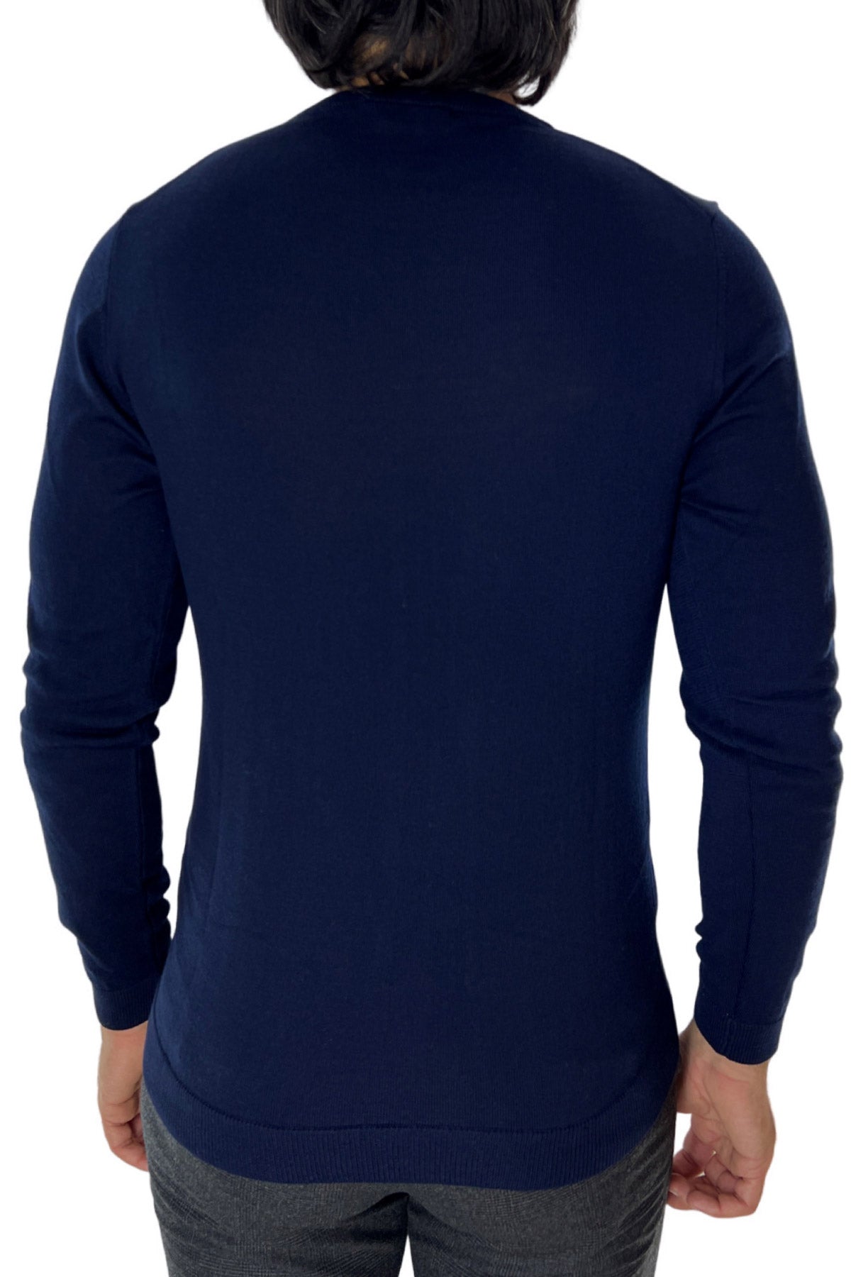 Maglioncino da uomo girocollo blu in lana merinos slim fit made in italy tinta unita