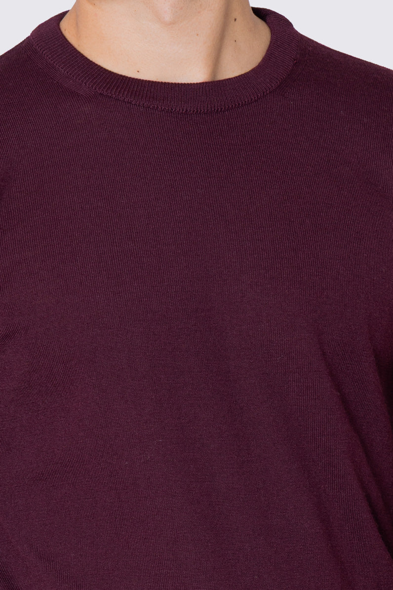 Maglioncino da uomo girocollo bordeaux in lana merinos slim fit made in italy tinta unita