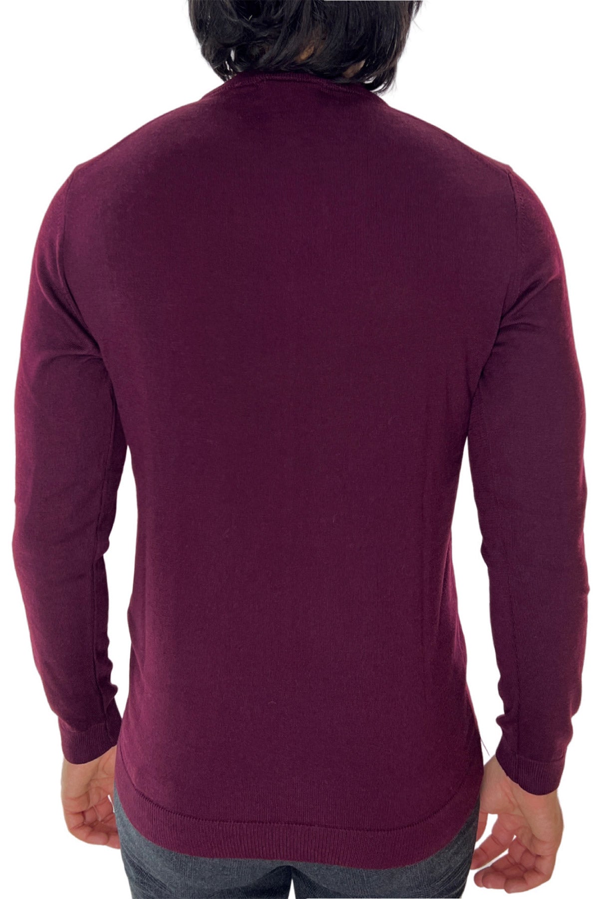 Maglioncino da uomo girocollo bordeaux in lana merinos slim fit made in italy tinta unita