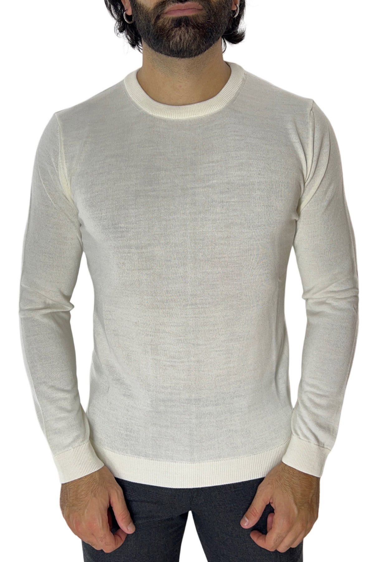 Maglioncino da uomo girocollo Bianco in lana merinos slim fit made in italy tinta unita