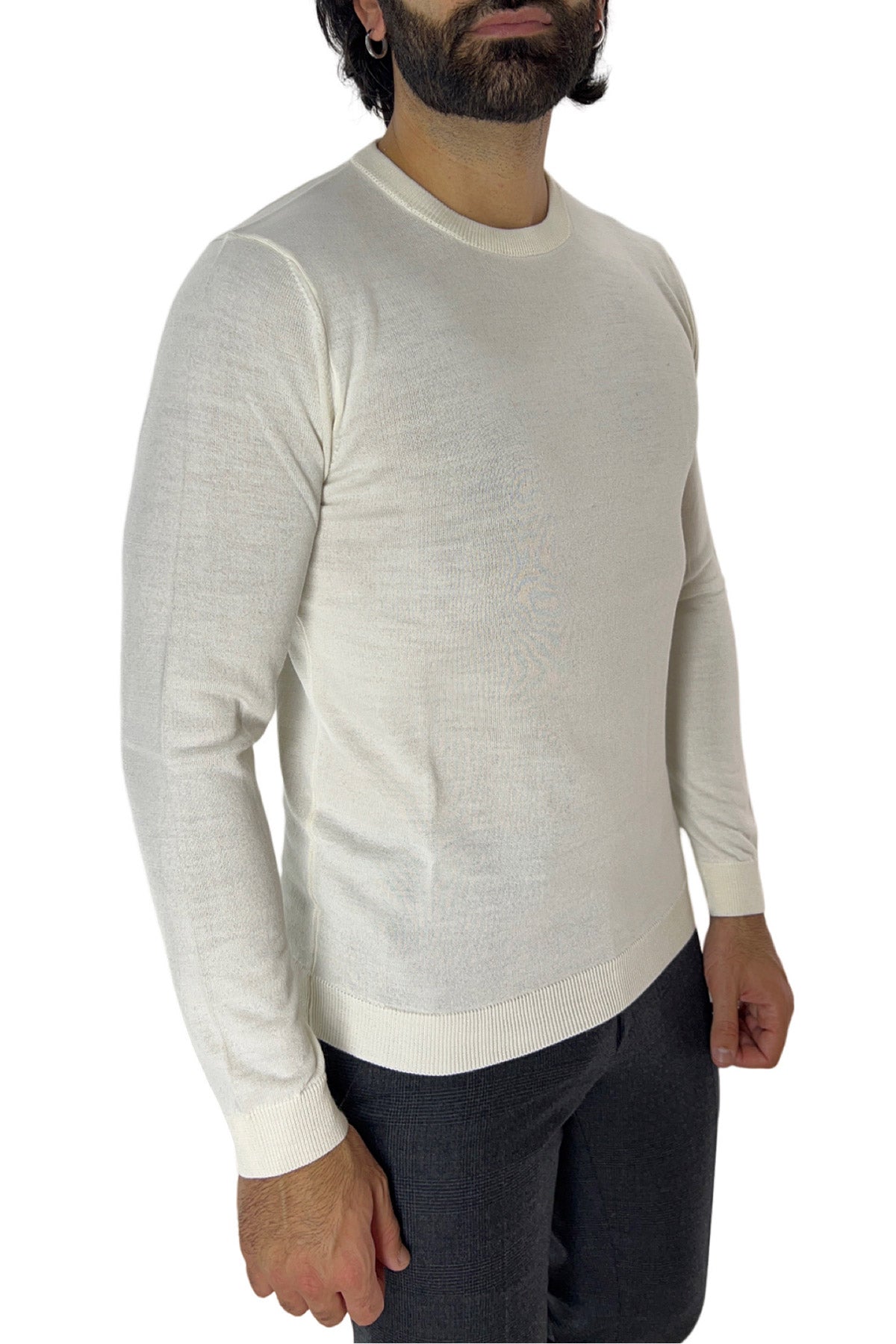 Maglioncino da uomo girocollo Bianco in lana merinos slim fit made in italy tinta unita