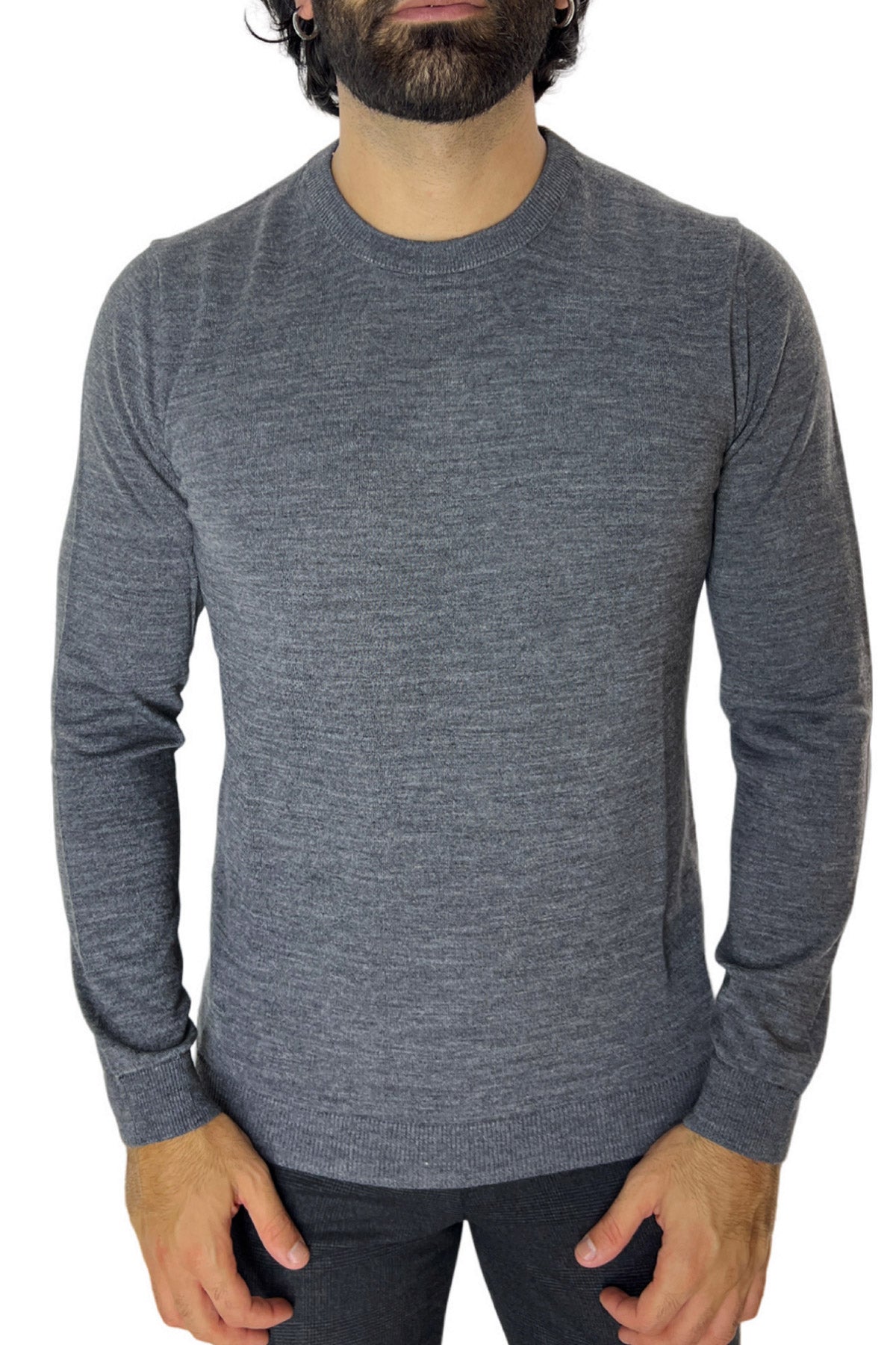 Maglioncino da uomo girocollo grigio medio in lana merinos slim fit made in italy tinta unita