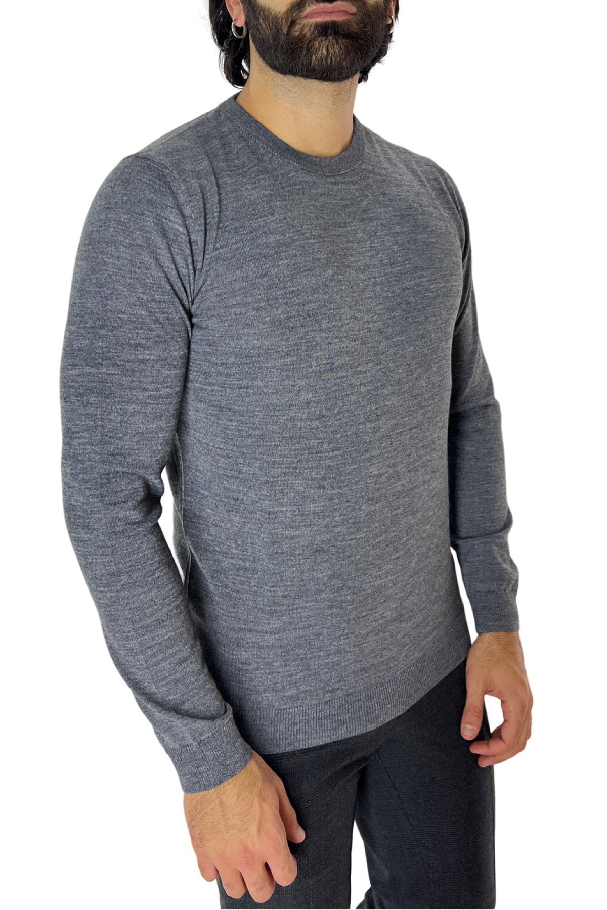Maglioncino da uomo girocollo grigio medio in lana merinos slim fit made in italy tinta unita
