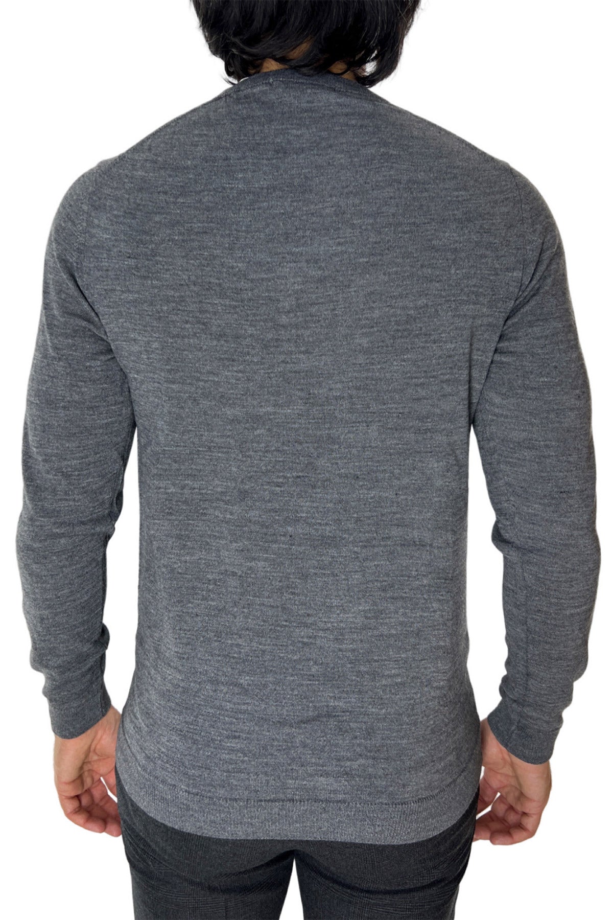 Maglioncino da uomo girocollo grigio medio in lana merinos slim fit made in italy tinta unita