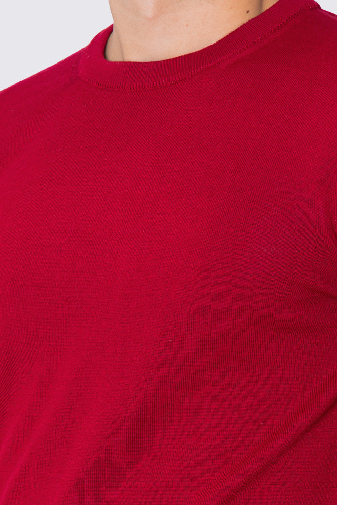Maglioncino da uomo girocollo rosso in lana merinos slim fit made in italy tinta unita