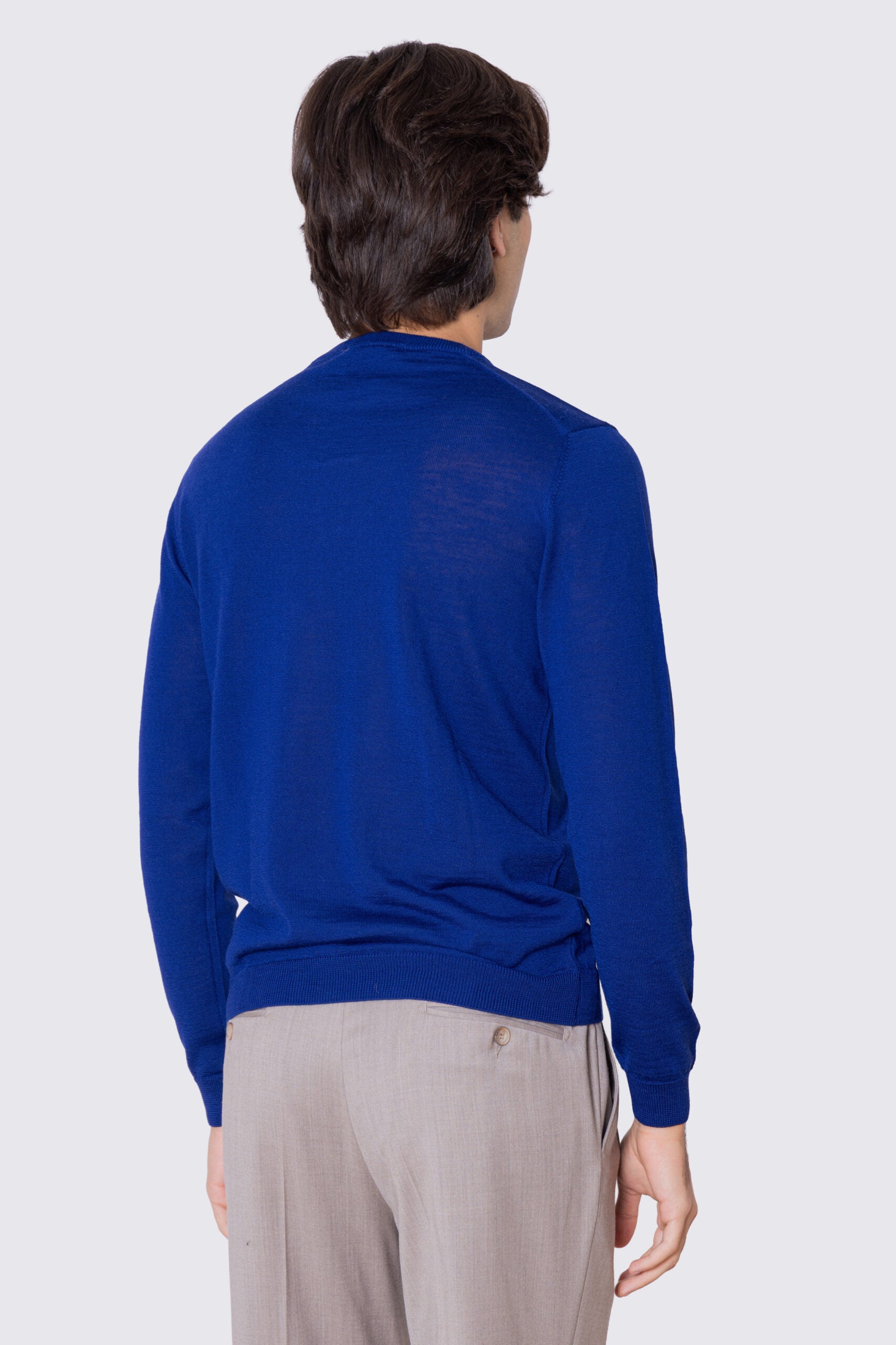 Maglioncino da uomo girocollo royal blu in lana merinos slim fit made in italy tinta unita