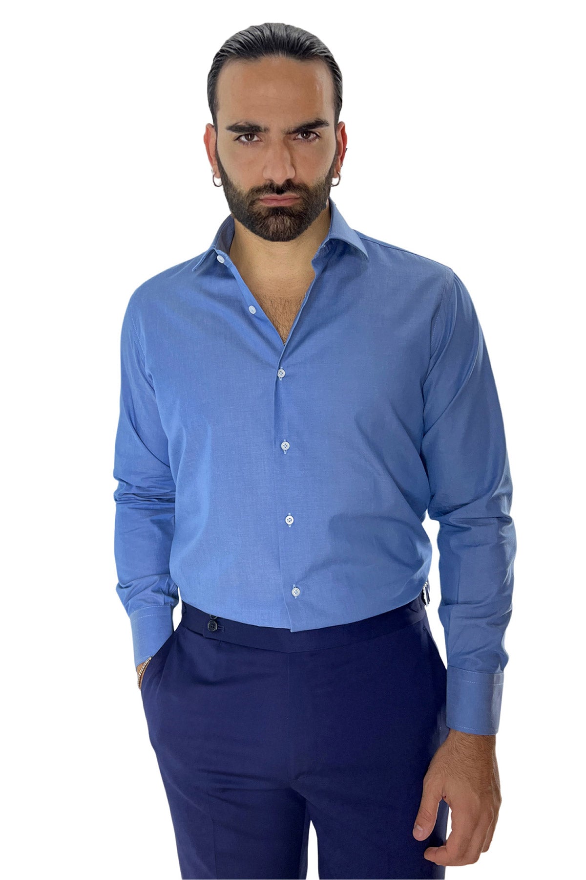 Camicia Uomo regular fit in cotone 100% denim chiaro Collo semi francese
