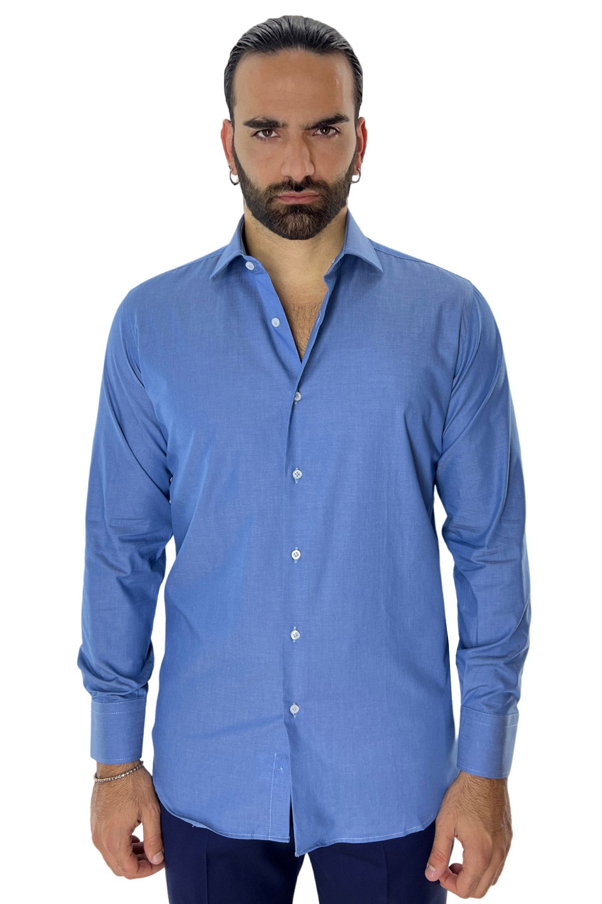 Camicia Uomo regular fit in cotone 100% denim chiaro Collo semi francese