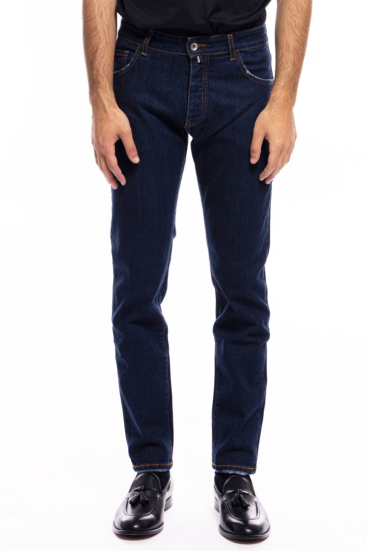 Jeans da uomo blu  lavaggio zero con leggere rotture sulle tasche modello 5 tasche