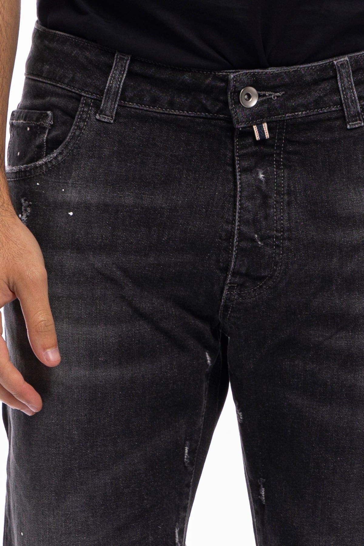 Jeans da uomo grigio scuro con leggere sabbiature bianche e schizzi di pittura