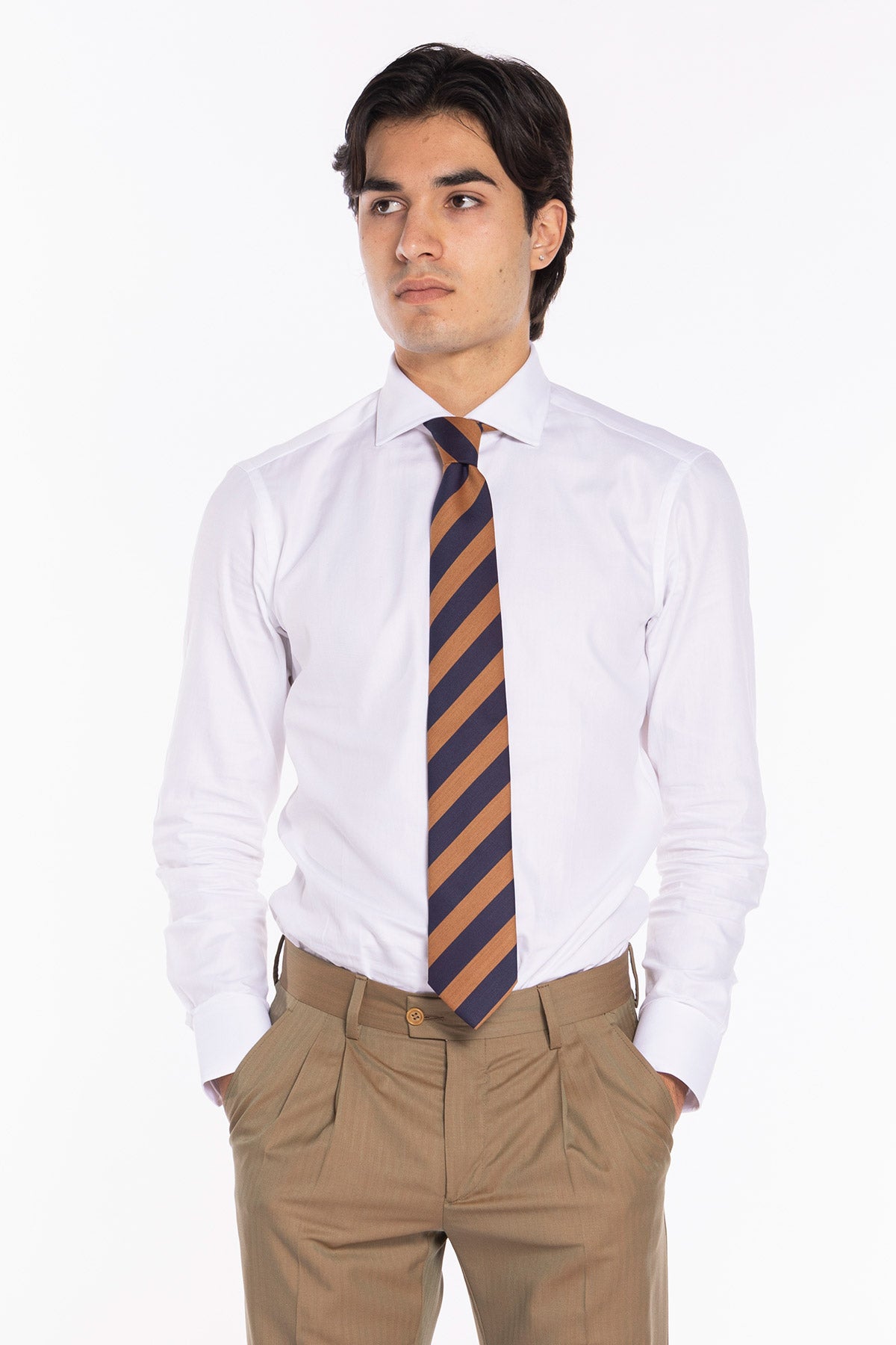 Cravatta uomo blu riga diagonale regimental Coccio holland e sherry in fresco lana 120's