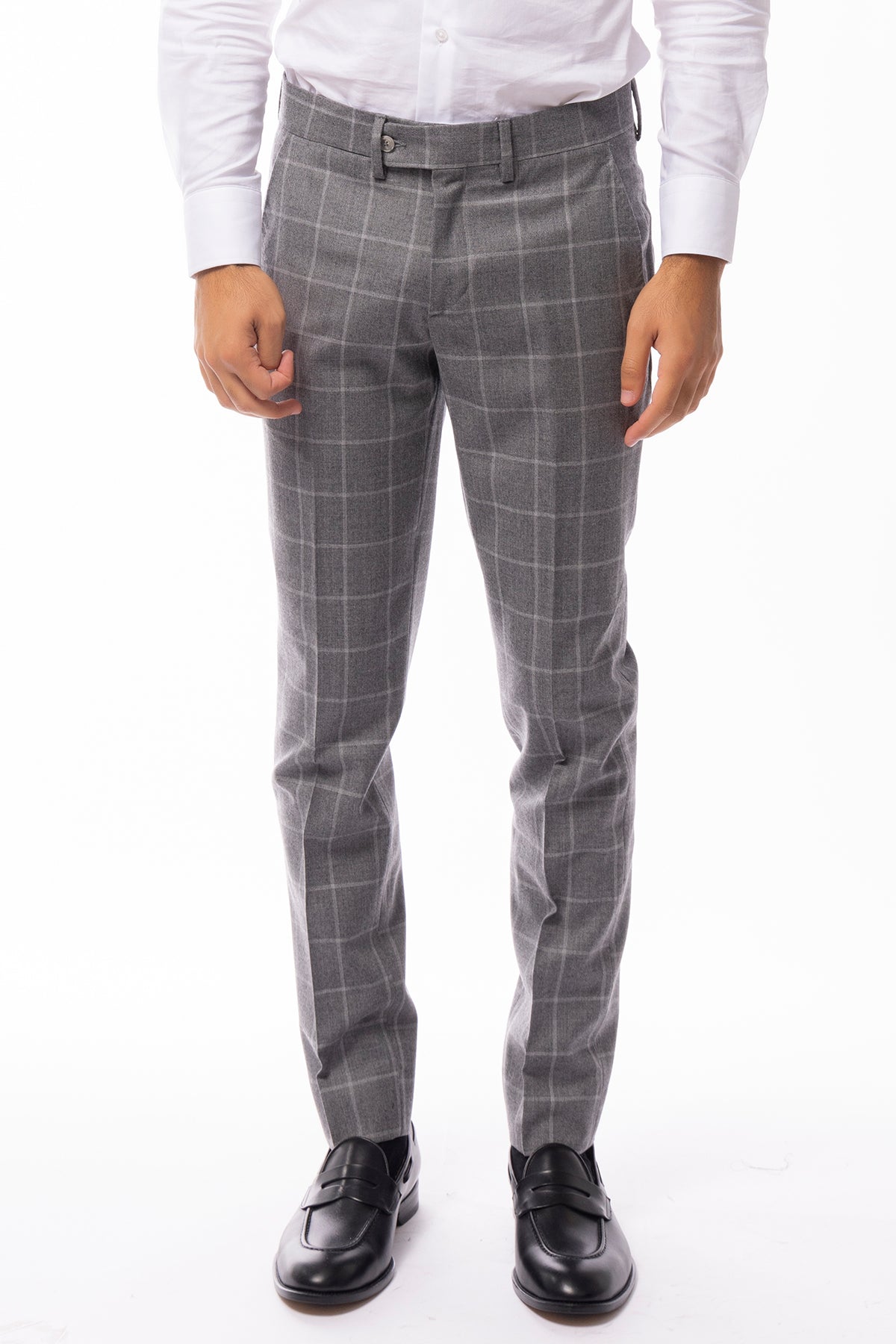 Pantalone uomo grigio a quadri in lana 100% tasca america orlo a mano