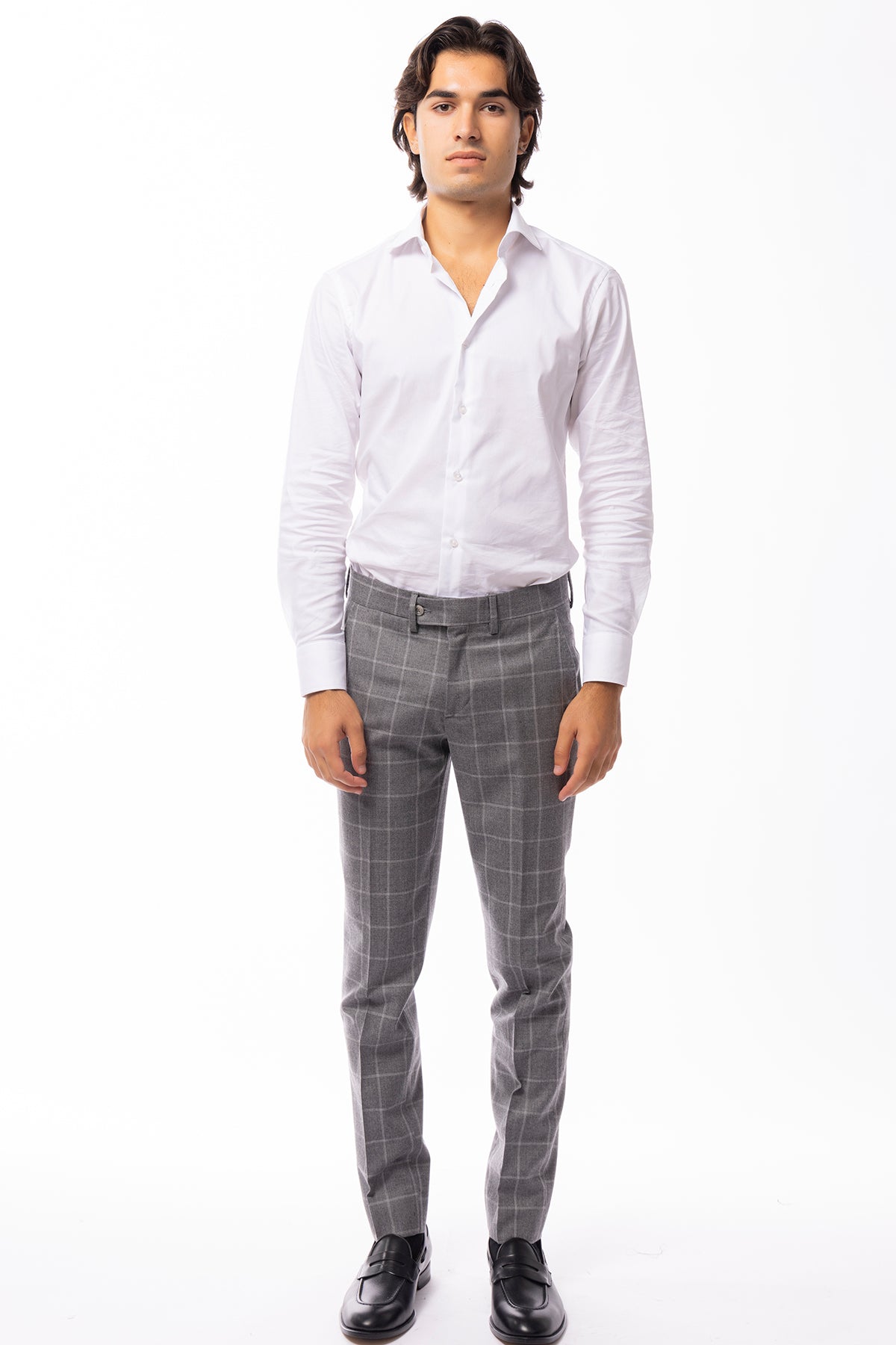 Pantalone uomo grigio a quadri in lana 100% tasca america orlo a mano