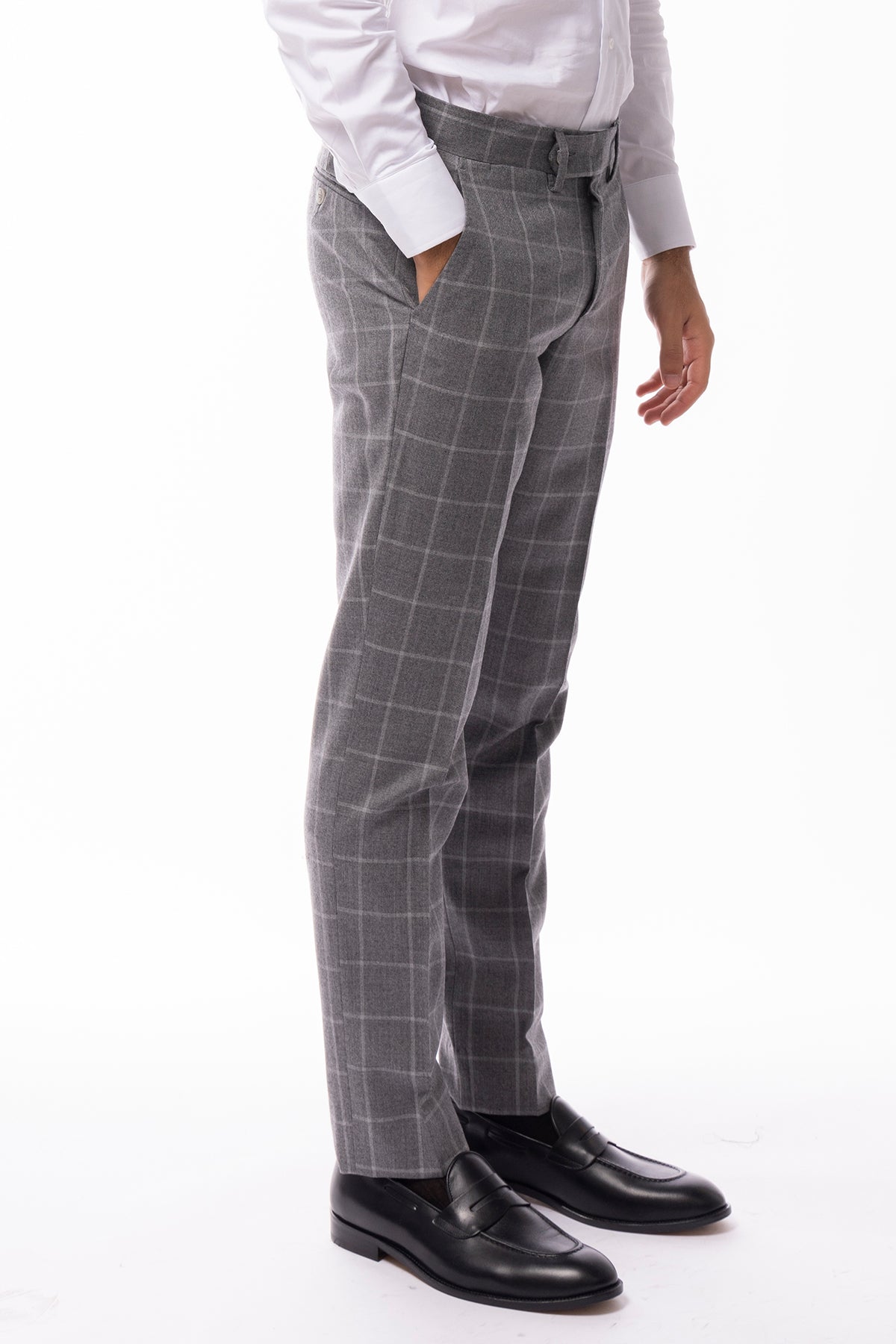 Pantalone uomo grigio a quadri in lana 100% tasca america orlo a mano
