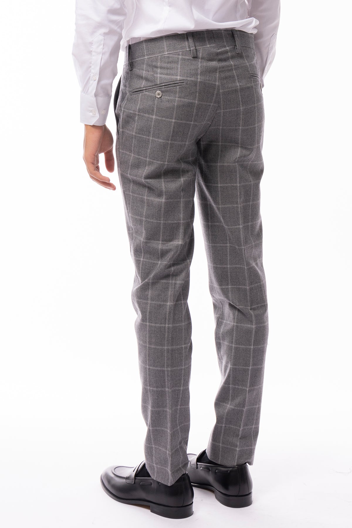 Pantalone uomo grigio a quadri in lana 100% tasca america orlo a mano