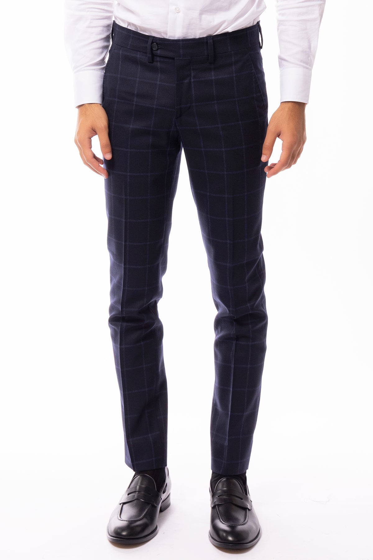 Pantalone uomo blu a quadri in lana 100% tasca america orlo a mano