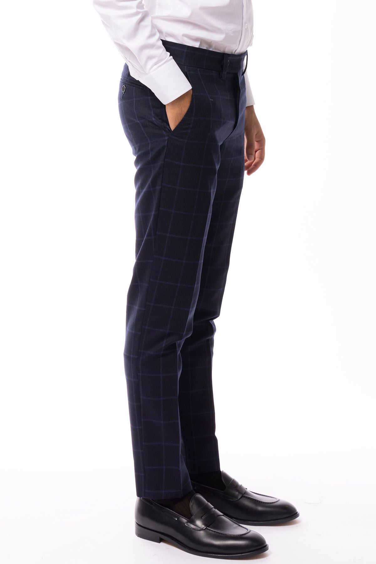 Pantalone uomo blu a quadri in lana 100% tasca america orlo a mano