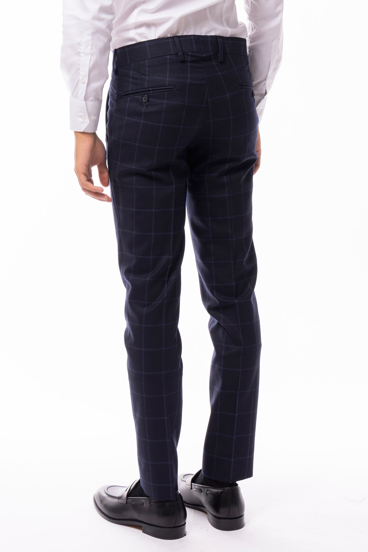 Pantalone uomo blu a quadri in lana 100% tasca america orlo a mano