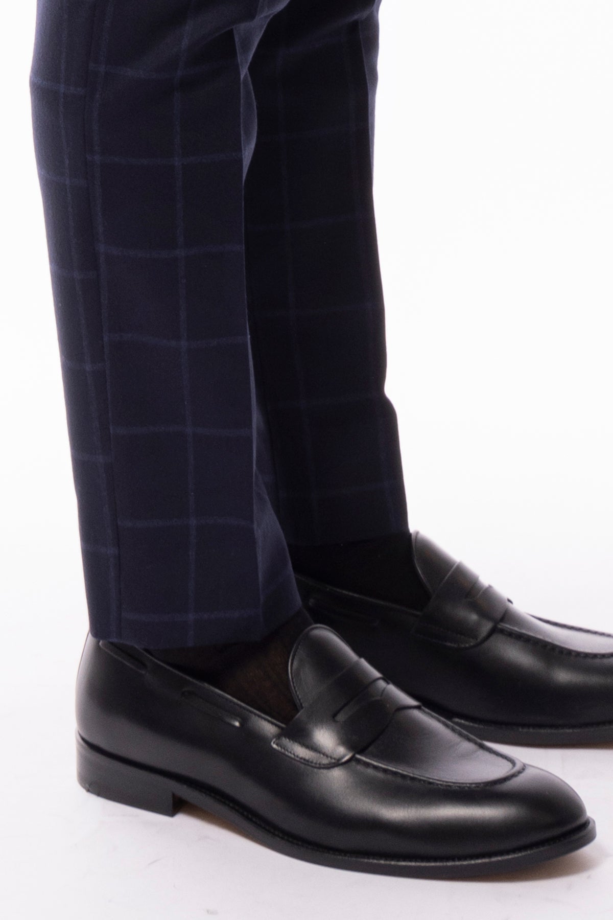 Pantalone uomo blu a quadri in lana 100% tasca america orlo a mano