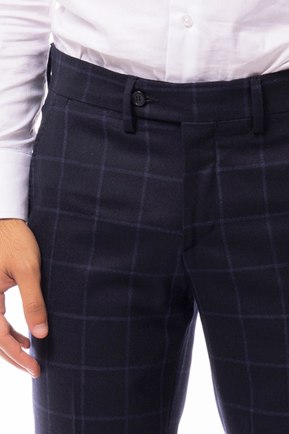 Pantalone uomo blu a quadri in lana 100% tasca america orlo a mano