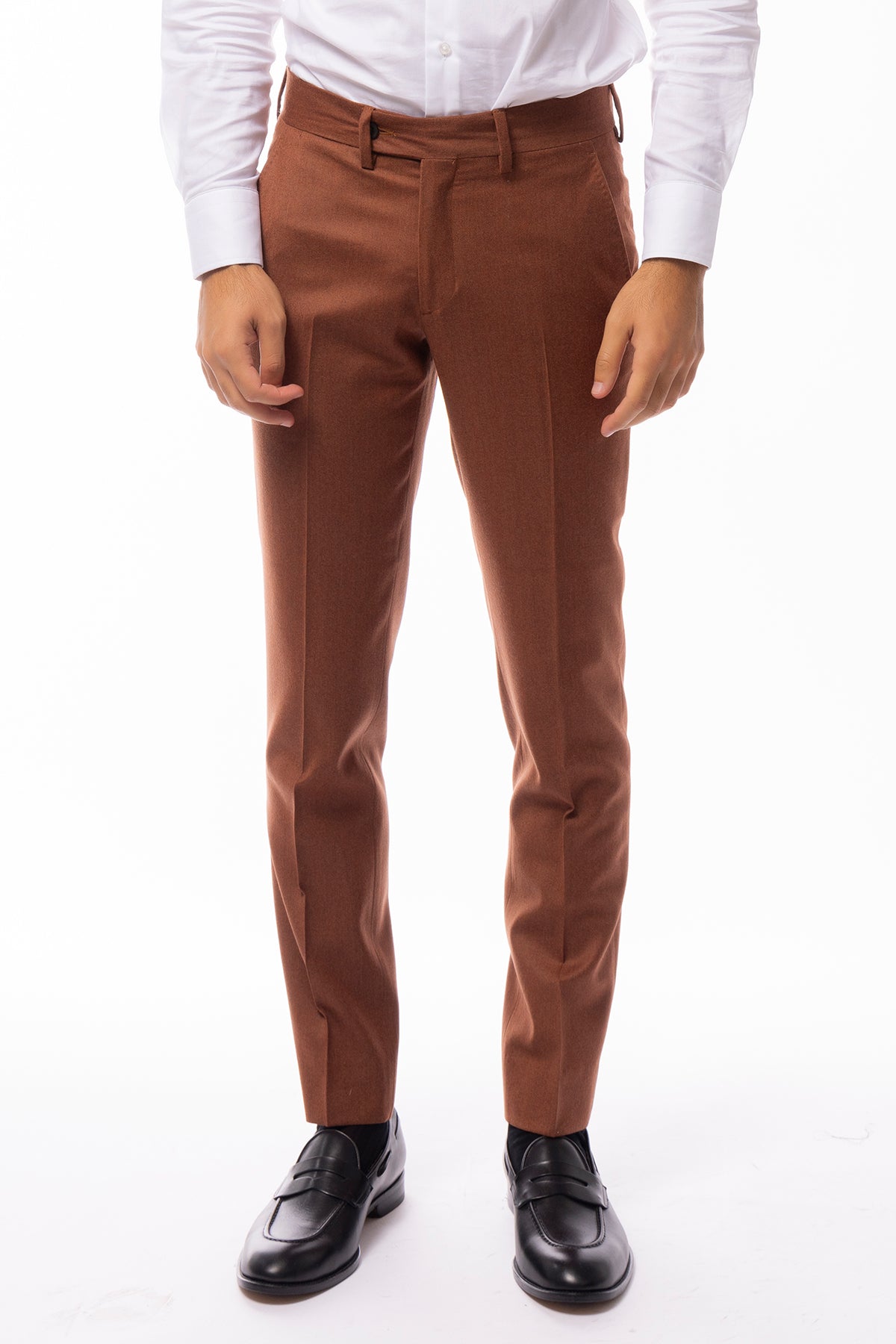 Pantalone uomo coccio in lana 100% tinta unita tasca america orlo a mano