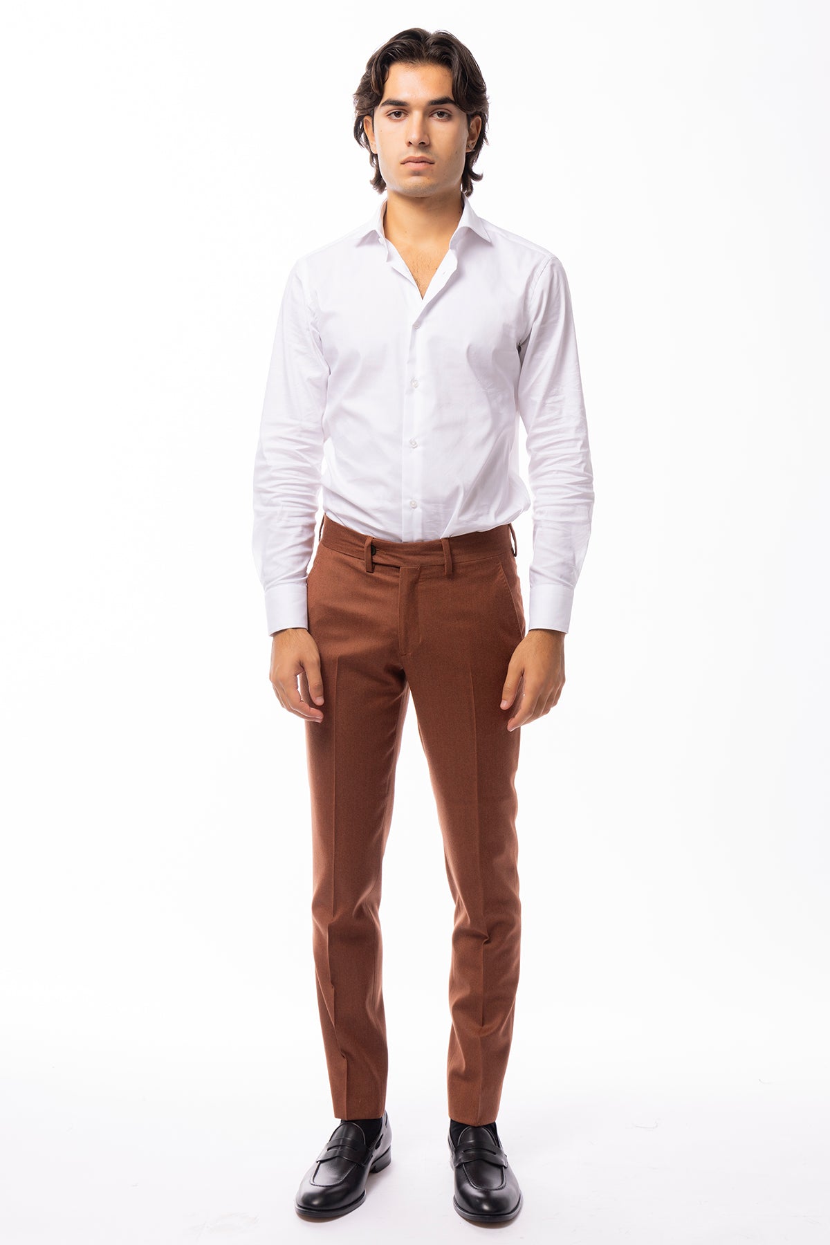 Pantalone uomo coccio in lana 100% tinta unita tasca america orlo a mano