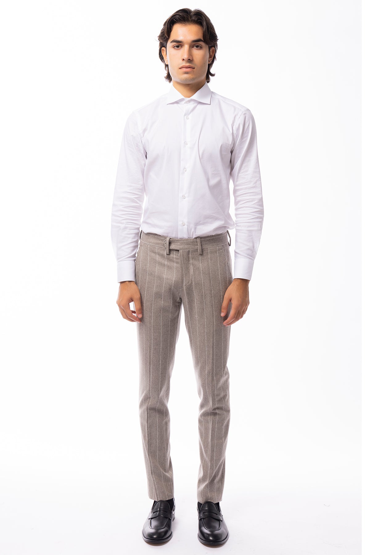 Pantalone uomo gessato tortora in lana 100% Vitale Barberis Canonico tasca america orlo a mano