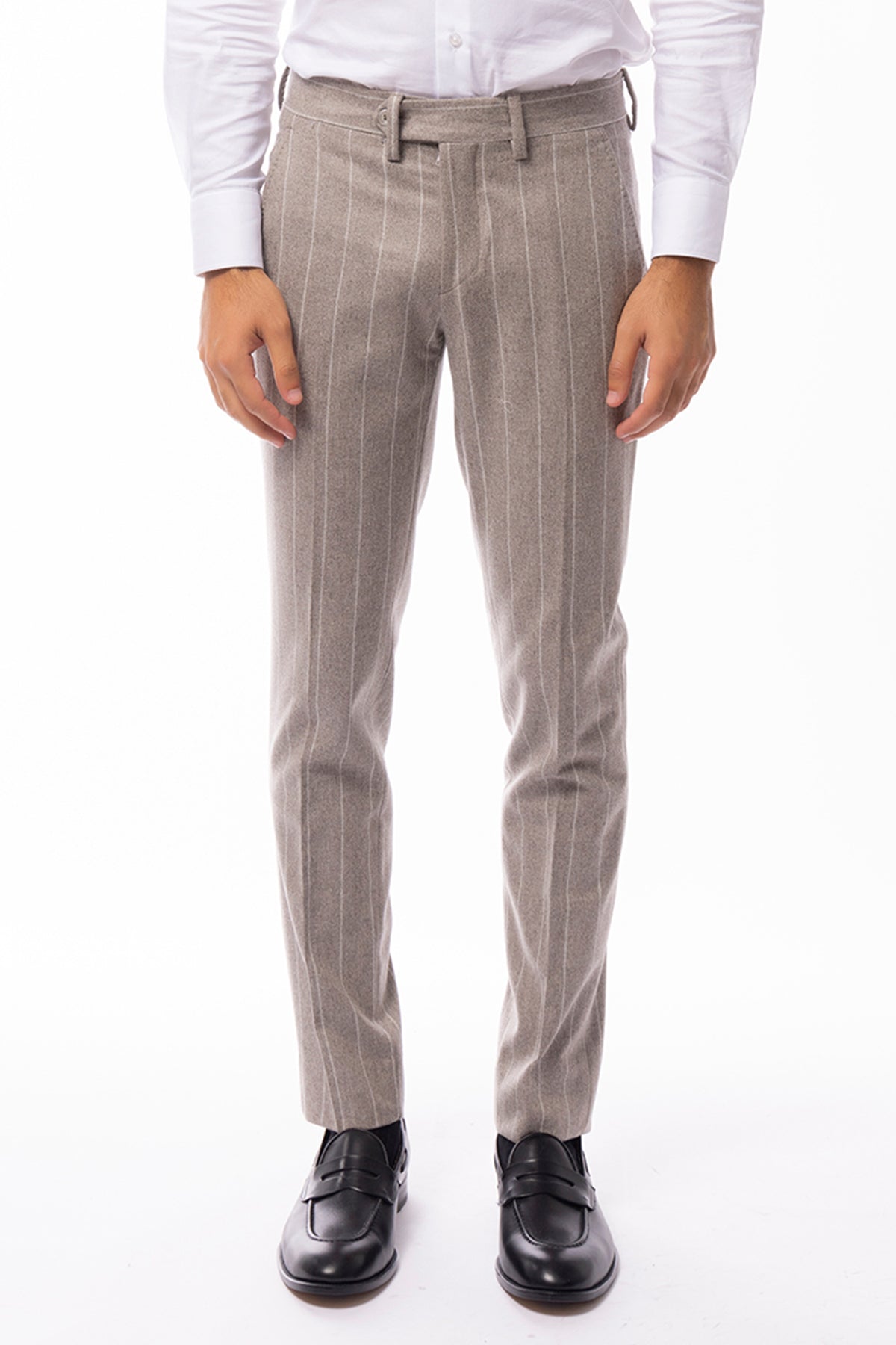 Pantalone uomo gessato tortora in lana 100% Vitale Barberis Canonico tasca america orlo a mano