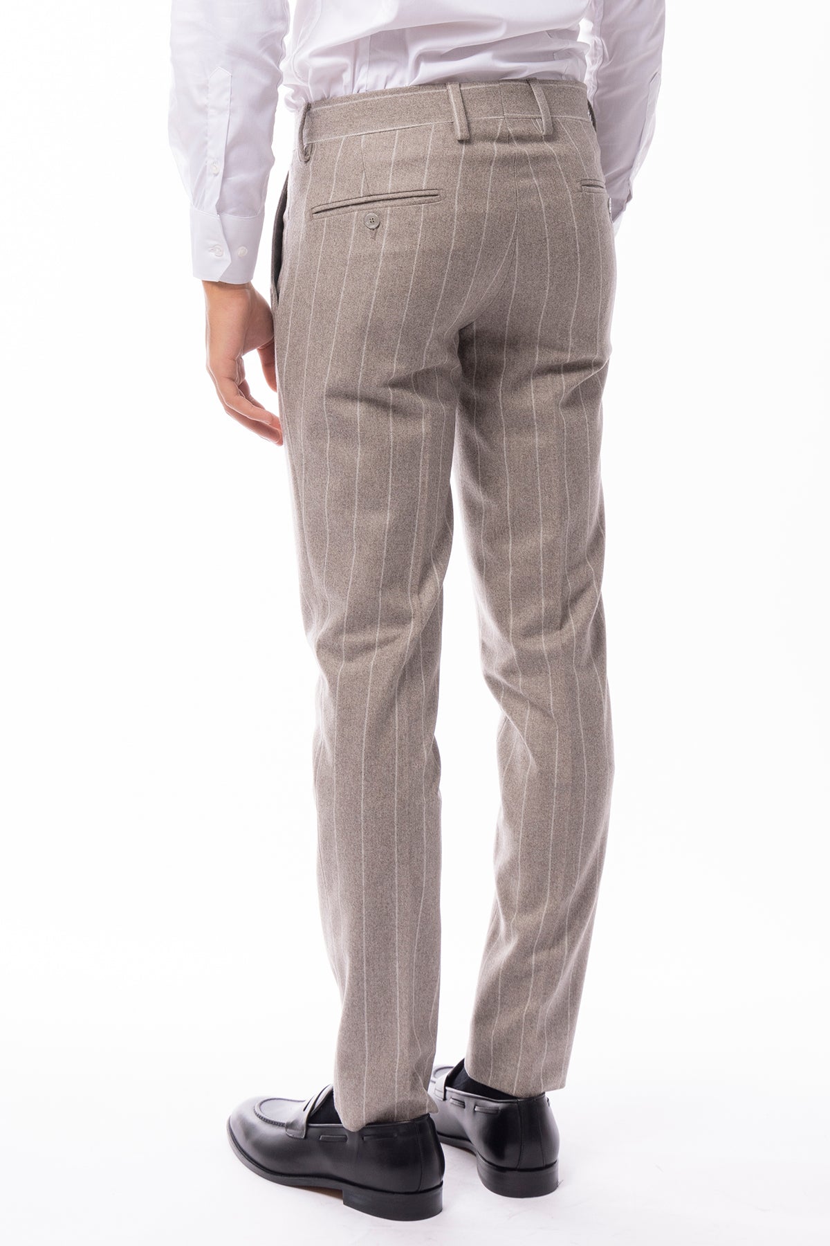 Pantalone uomo gessato tortora in lana 100% Vitale Barberis Canonico tasca america orlo a mano