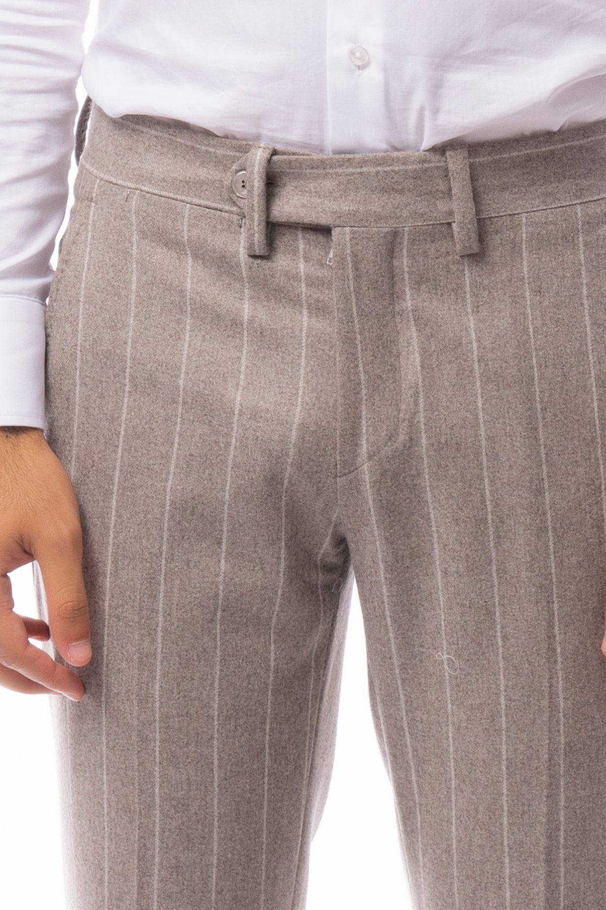 Pantalone uomo gessato tortora in lana 100% Vitale Barberis Canonico tasca america orlo a mano