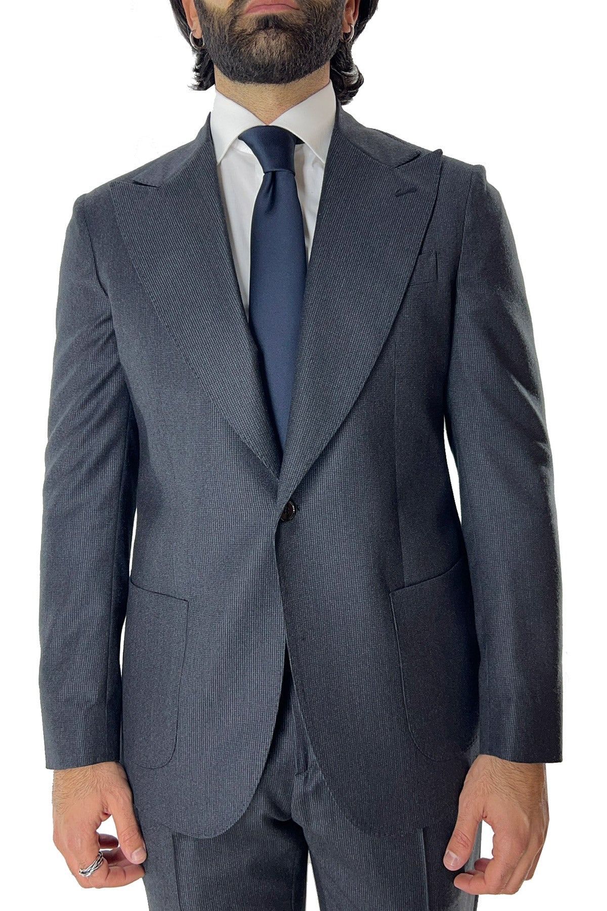Giacca uomo monopetto grigia fantasia pied de poule in lana sartoriale slim fit rever largo