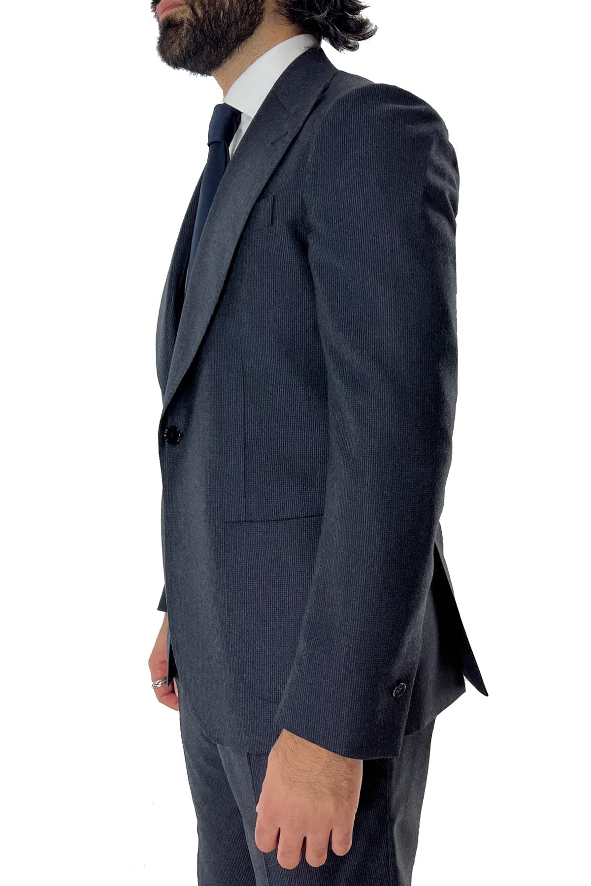 Giacca uomo monopetto grigia fantasia pied de poule in lana sartoriale slim fit rever largo