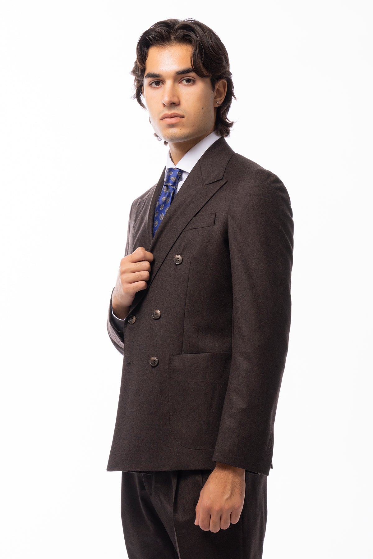 Giacca uomo Doppiopetto marrone in lana Flanella Vitale Barberis Canonico slim fit rever largo sartoriale